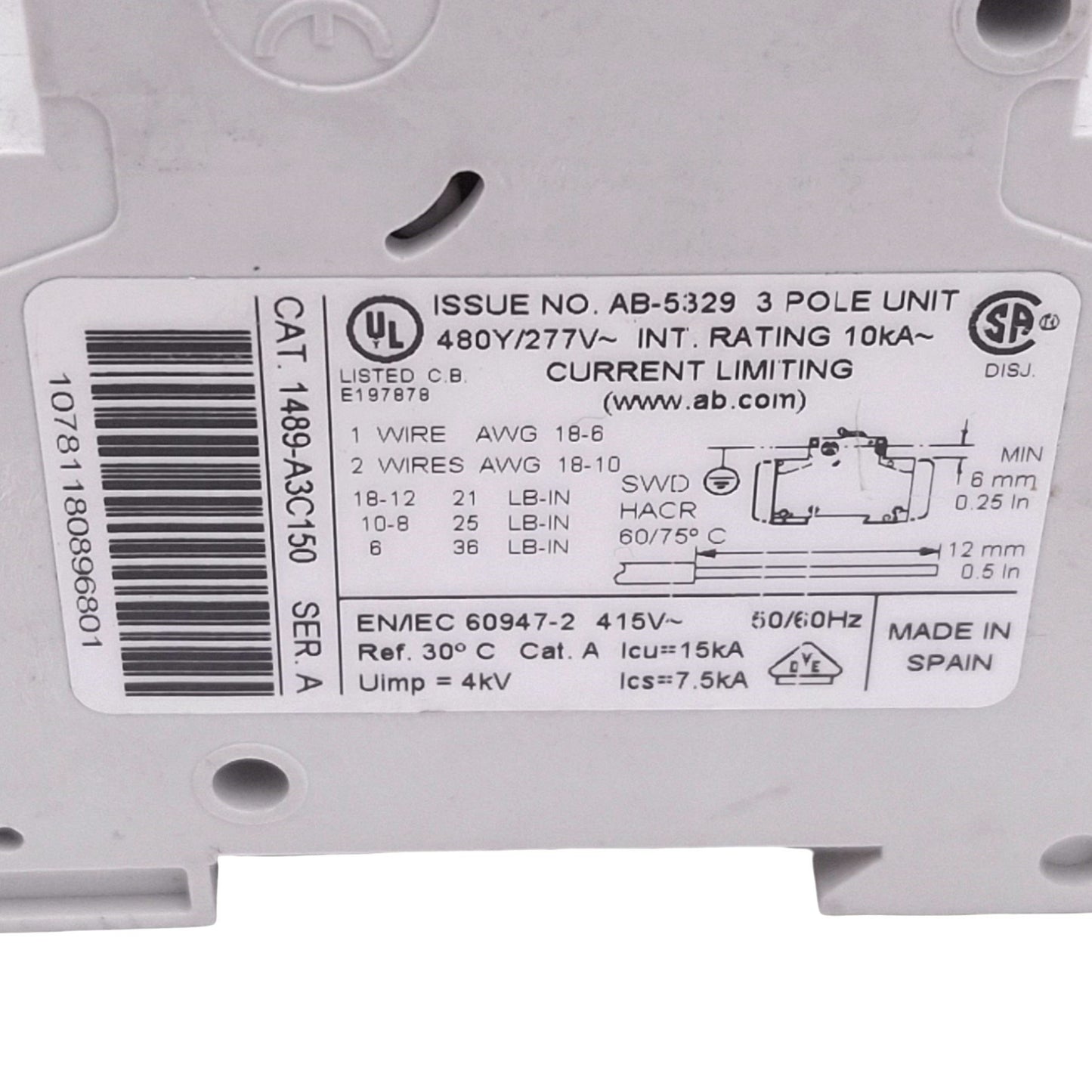 Used Allen Bradley 1489-A3C150 Circuit Breaker, 3-Pole 15A, 480Y/277VAC Max