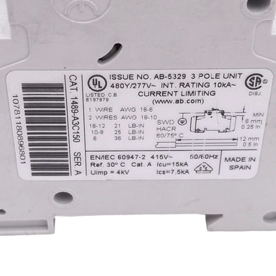 Used Allen Bradley 1489-A3C150 Circuit Breaker, 3-Pole 15A, 480Y/277VAC Max