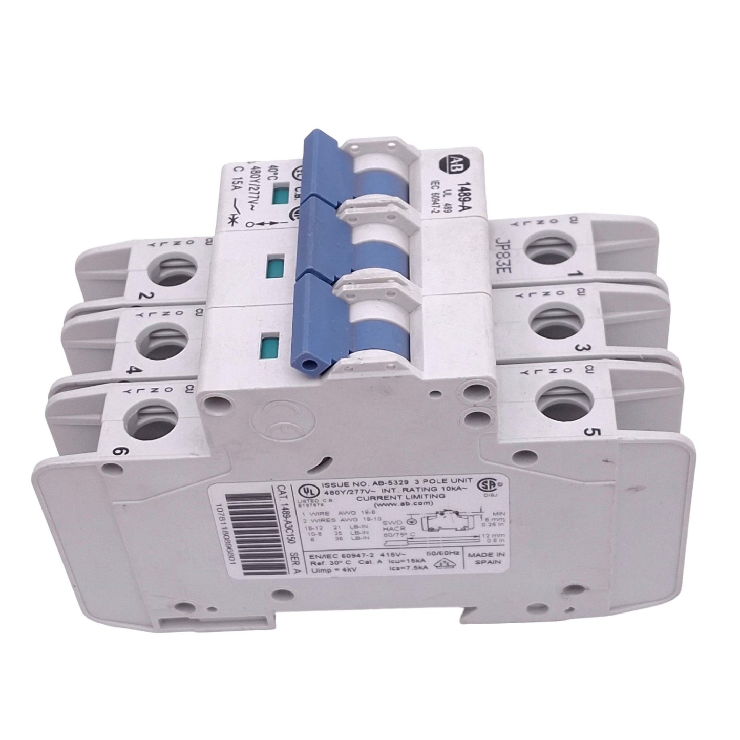 Used Allen Bradley 1489-A3C150 Circuit Breaker, 3-Pole 15A, 480Y/277VAC Max