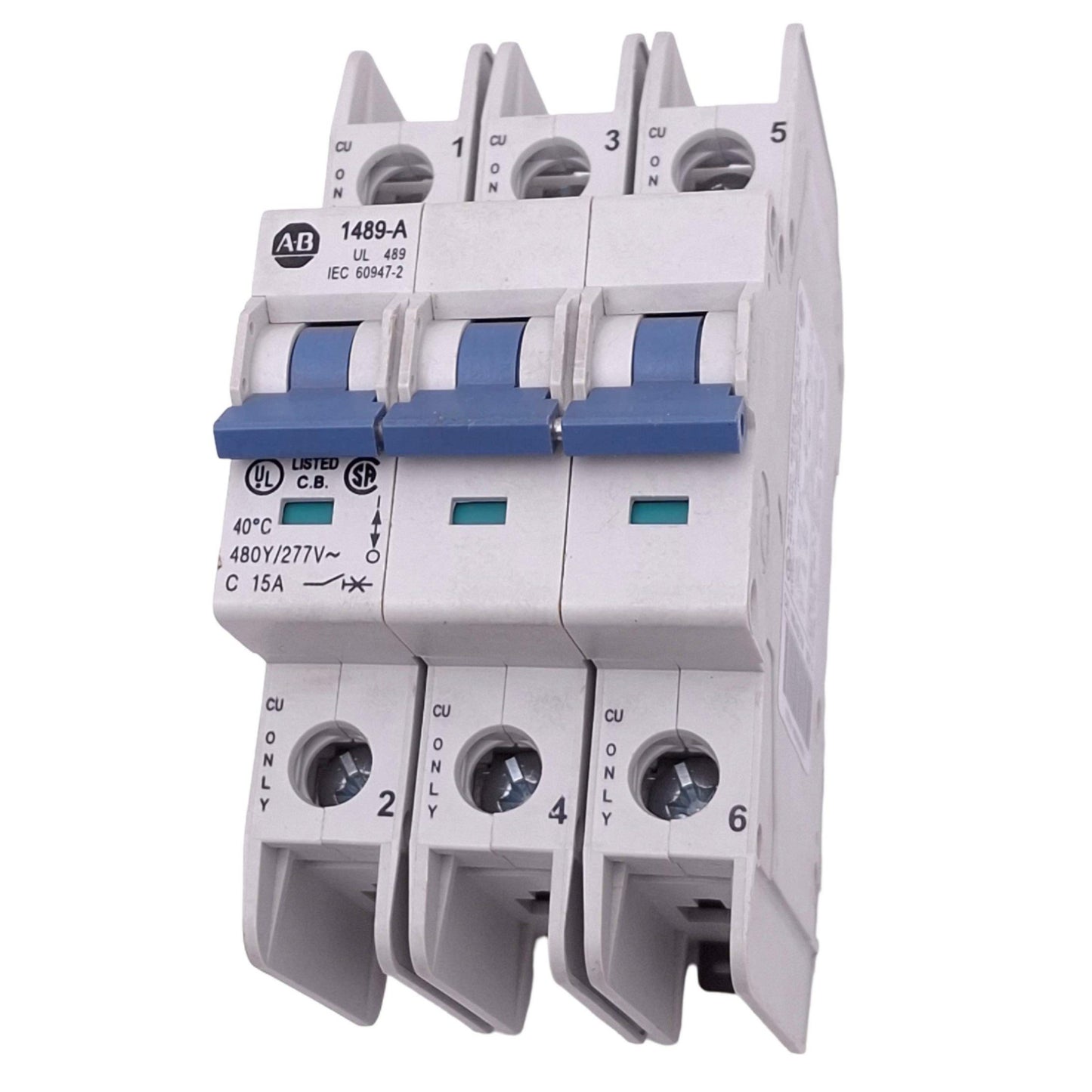 Used Allen Bradley 1489-A3C150 Circuit Breaker, 3-Pole 15A, 480Y/277VAC Max