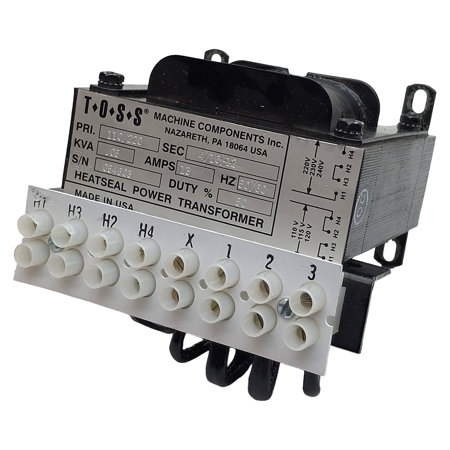 Used Toss 054603 Heatseal Power Transformer, 0.05KVA, 110/120VAC Pri, 4/10/12VDC Sec