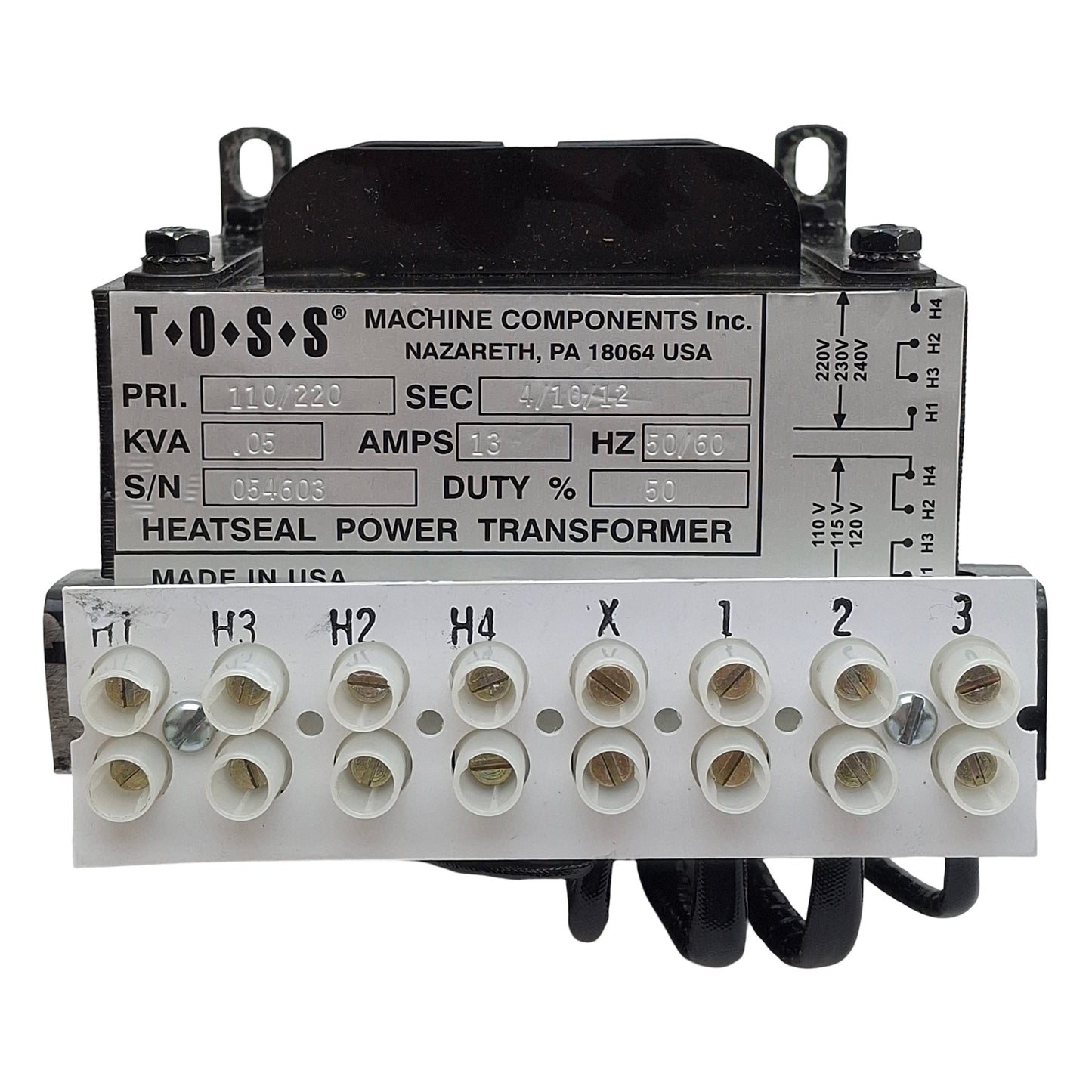 Used Toss 054603 Heatseal Power Transformer, 0.05KVA, 110/120VAC Pri, 4/10/12VDC Sec