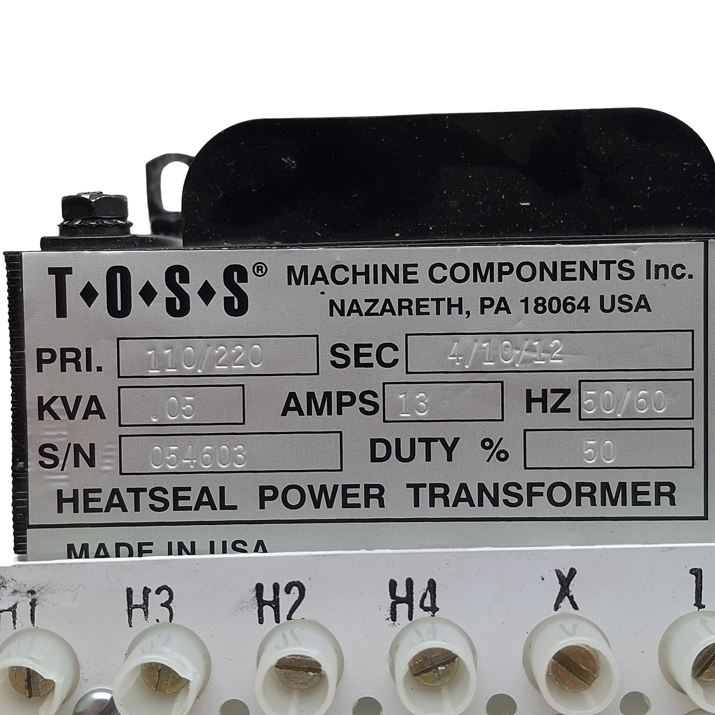 Used Toss 054603 Heatseal Power Transformer, 0.05KVA, 110/120VAC Pri, 4/10/12VDC Sec