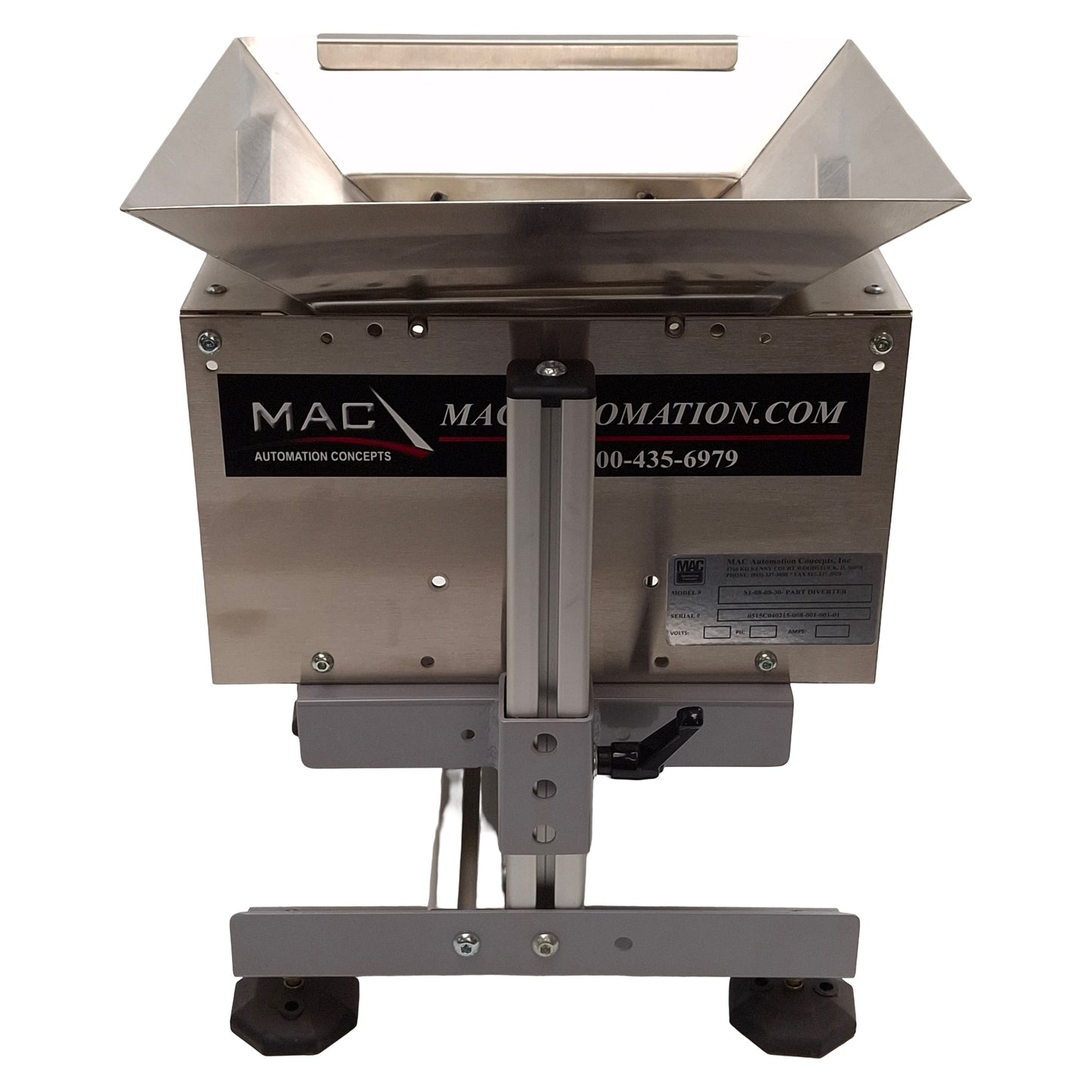 Used Mac S1-08-08-30 Front/Rear Free Standing Part Diverter, 8in Outfeed, 24VDC Coil
