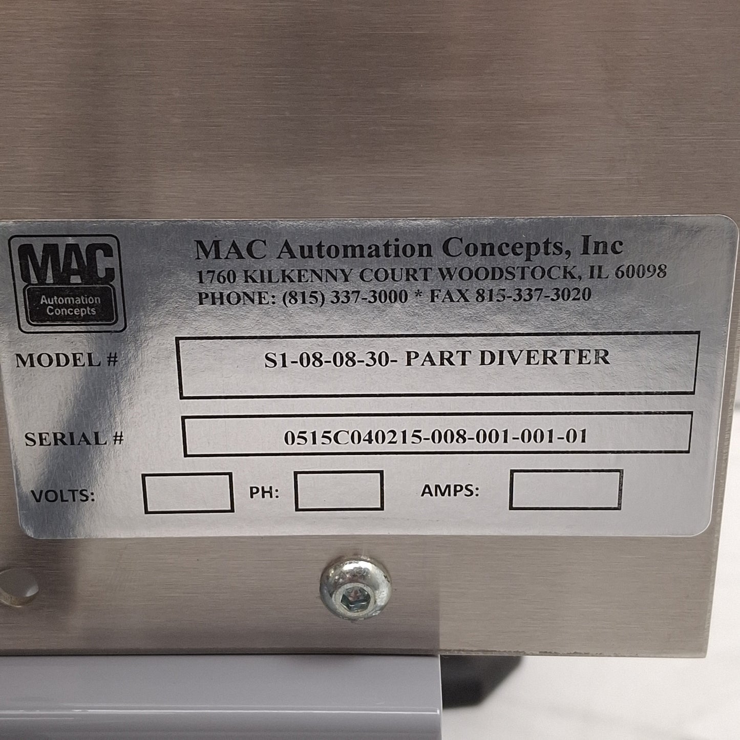 Used Mac S1-08-08-30 Front/Rear Free Standing Part Diverter, 8in Outfeed, 24VDC Coil