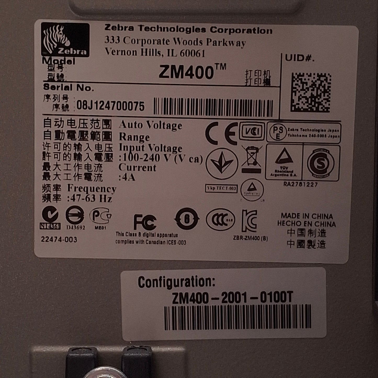 Used Zebra ZM400 Thermal Label Printer 203dpi, 8in/sec, 4.09in Width, 100-240VAC