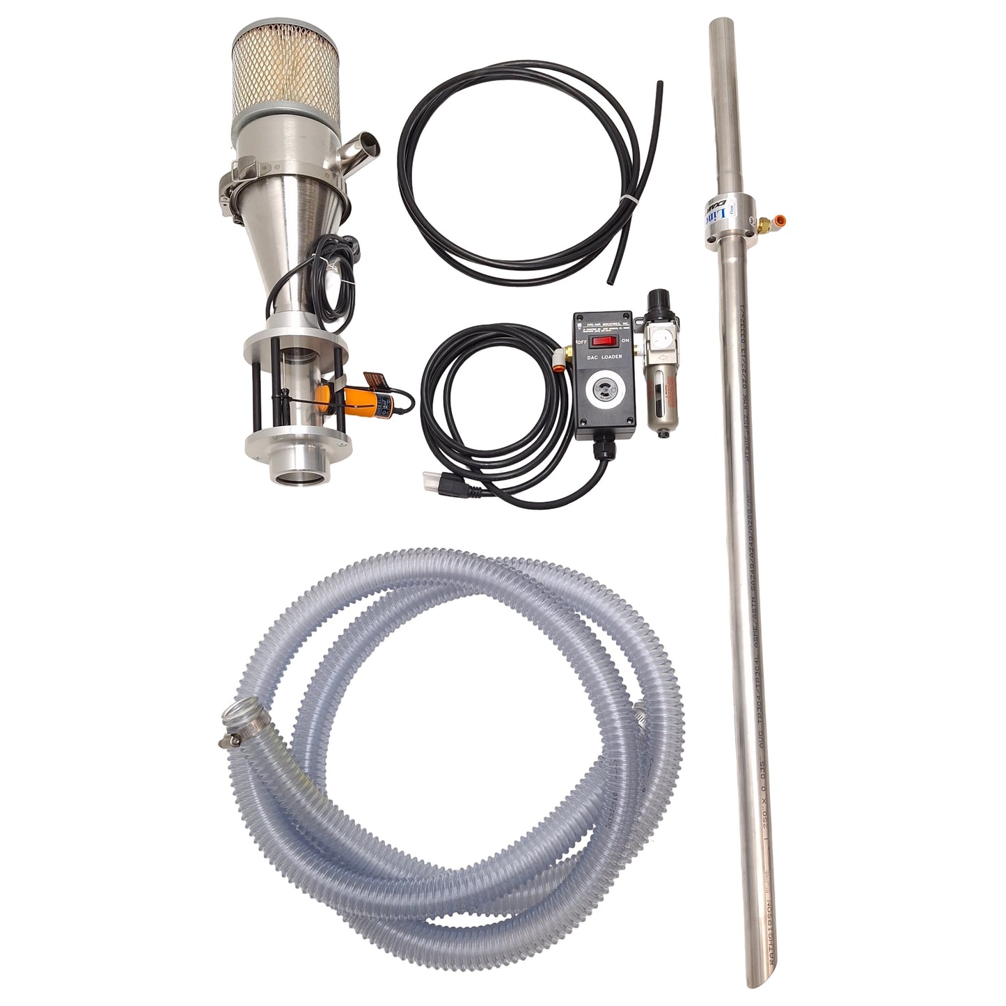 New – Open box DRI-AIR DAC Compressed Air Loader, 43.75in Wand, 7-125psi Set, 10ft Hose, 120VAC