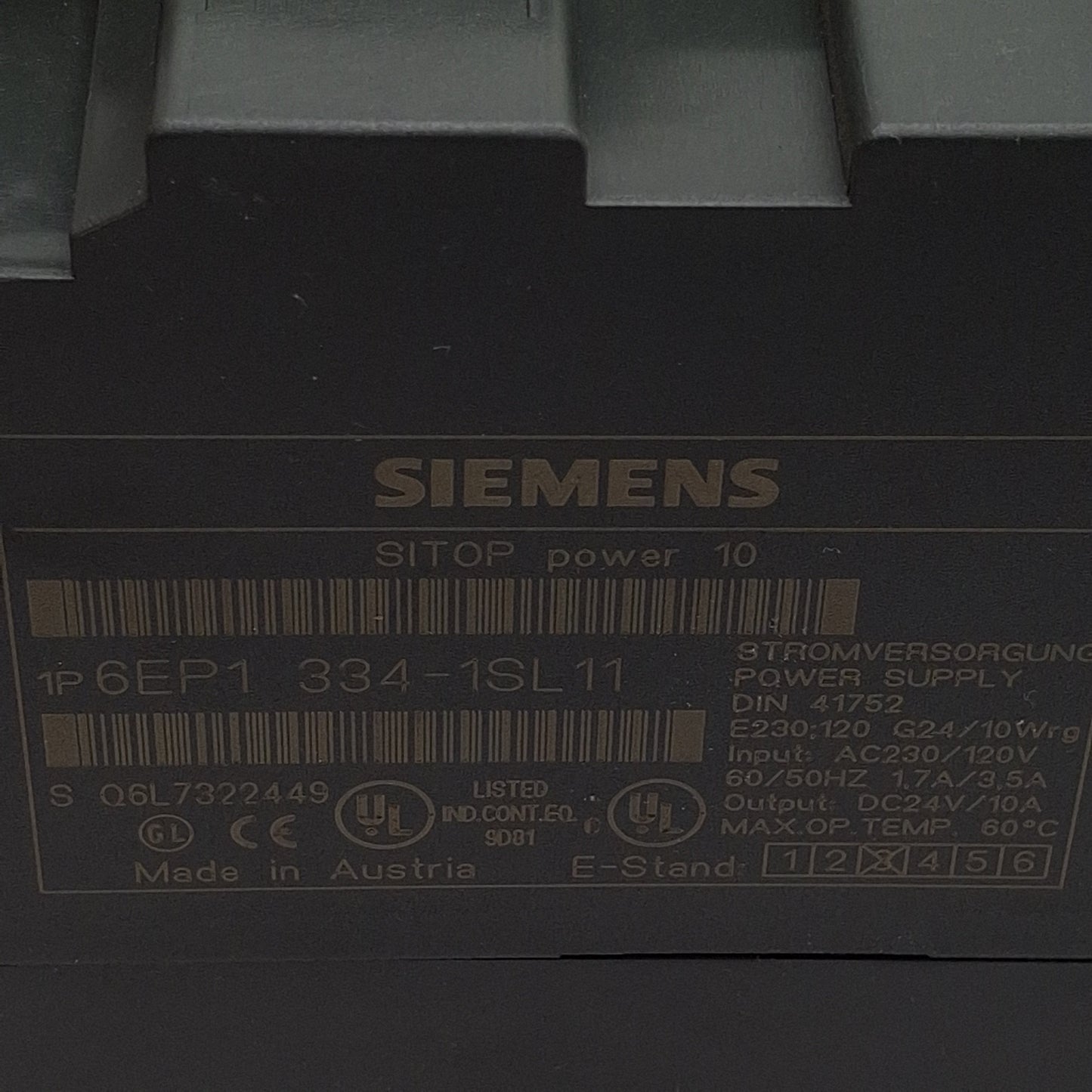 Used Siemens 6EP1 334-1SL11 SITOP Power 10 Power Supply, 120/230VAC In, 10A 24VDC Out