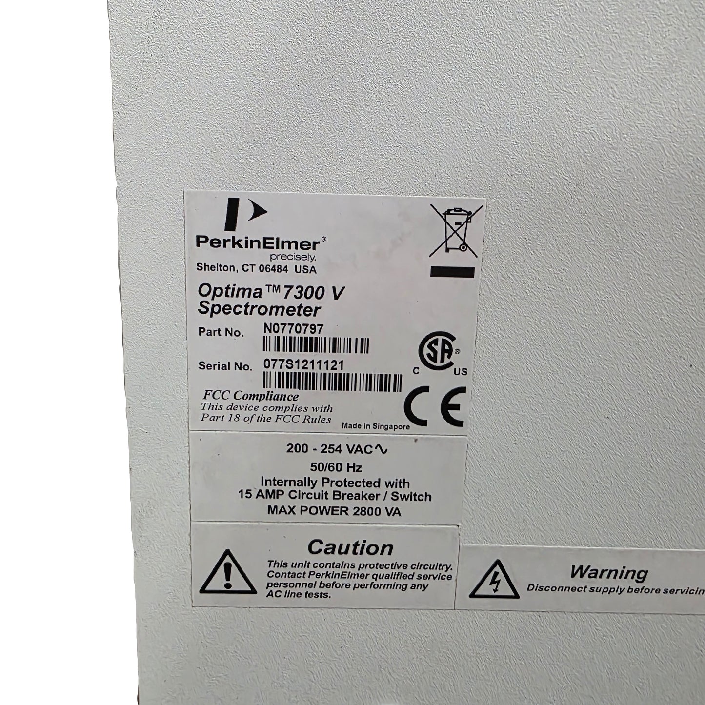 Used Perkin Elmer N0770797 Optima 7300V Optical Emission Spectrometer 40MHz, 240VAC