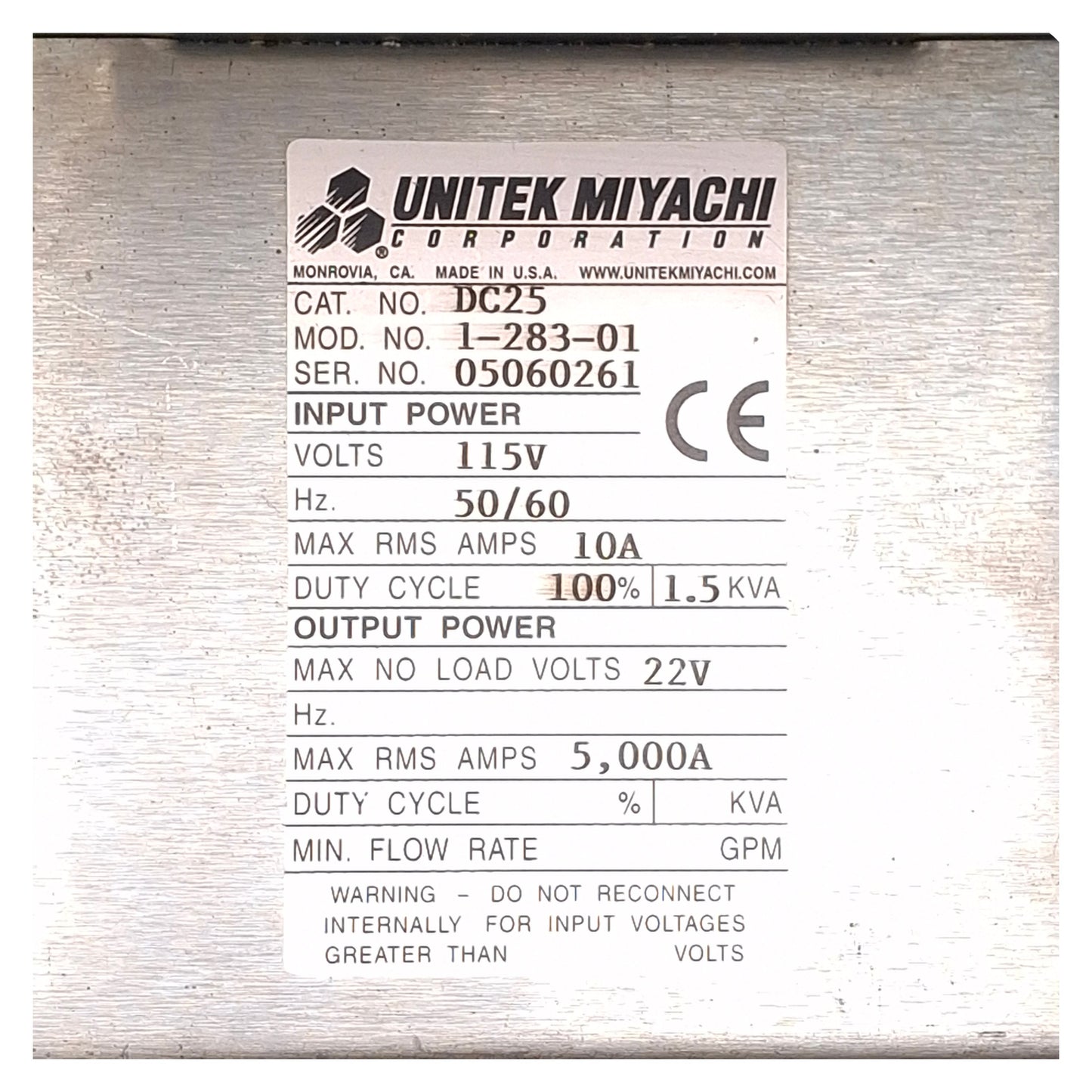 Used Unitek Miyachi 1-283-01 Linear DC Welding Controller 100A-4000A, 40kW, 115VAC