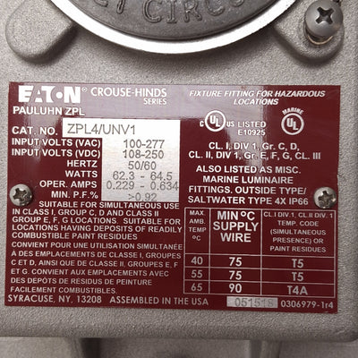 New – Open box Eaton ZPL4/UNV1 Pauluhn Explosion Proof Linear LED, 100-277VAC/108-250VDC, 4ft