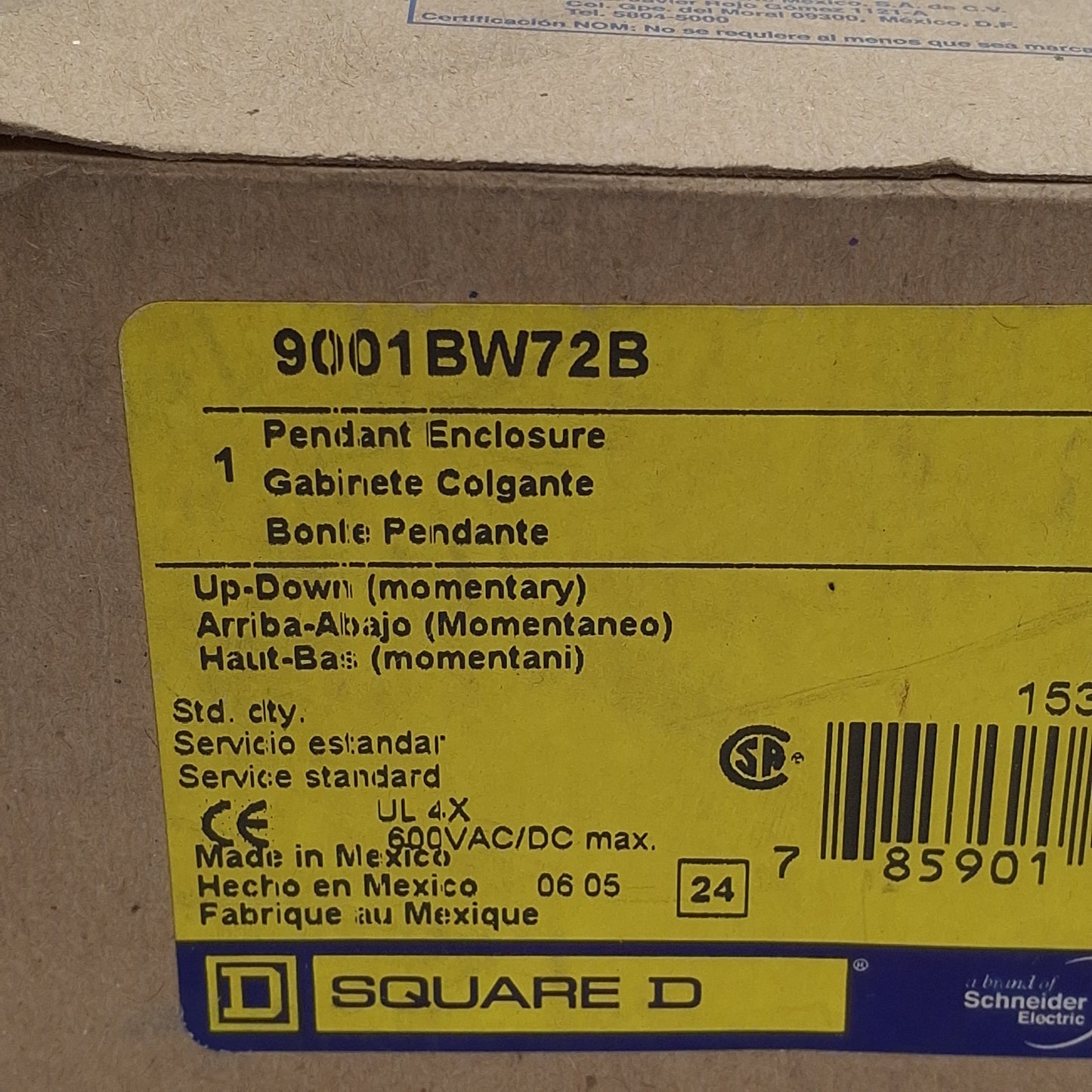 New Square D 9001BW72B Push-Button Pendent Control Station, 600V, NEMA 1/3/3R/4/4X