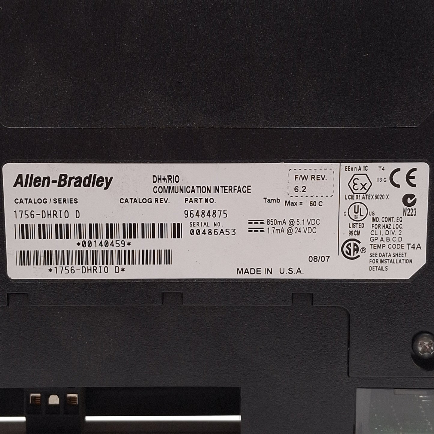 Used Allen Bradley 1756-DHRIO Ser D ControlLogix Communication Interface, FW Rev 6.2