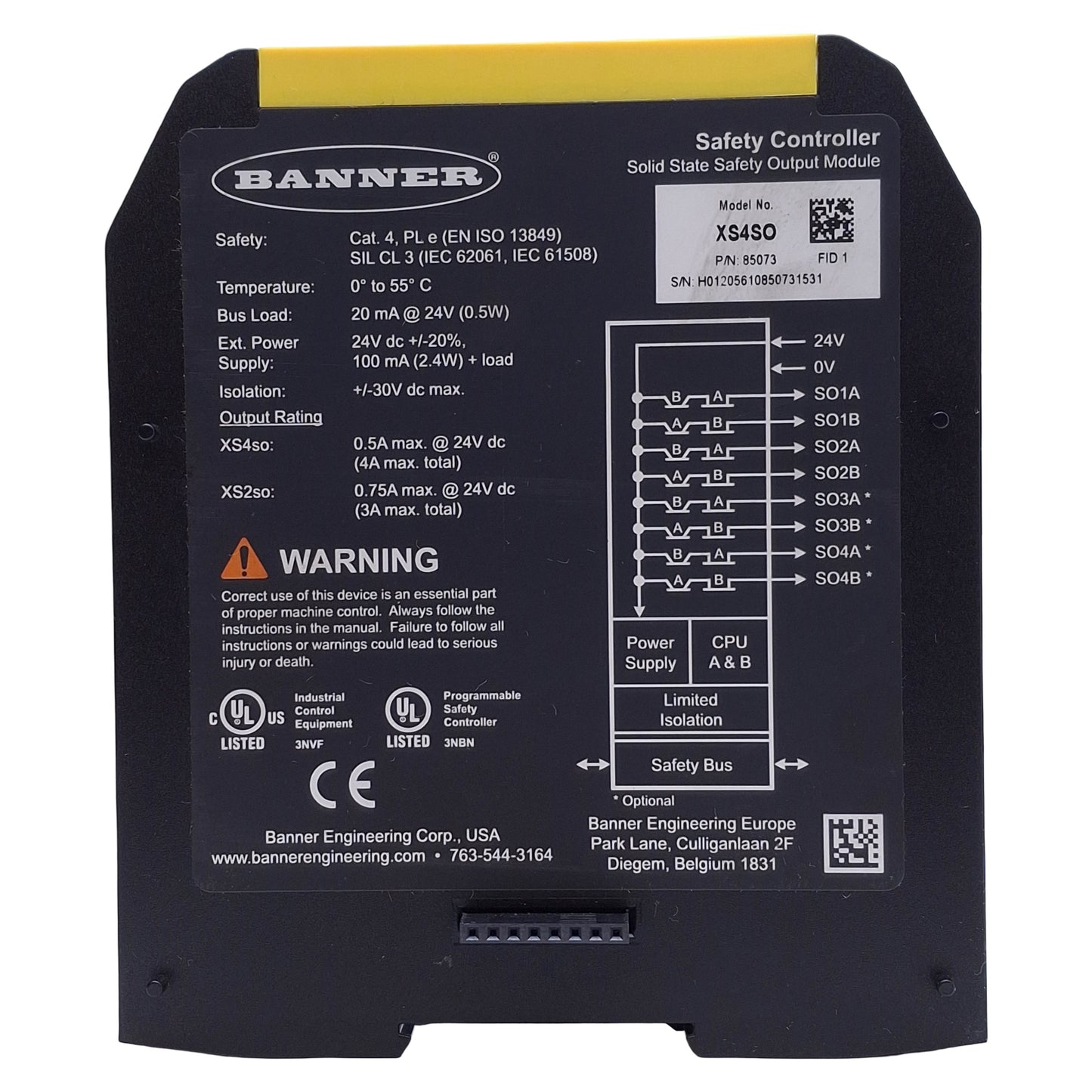 Used Banner XS4SO Solid State Safety Output Module 24VDC 0.5A Output, 4 Dual Channel