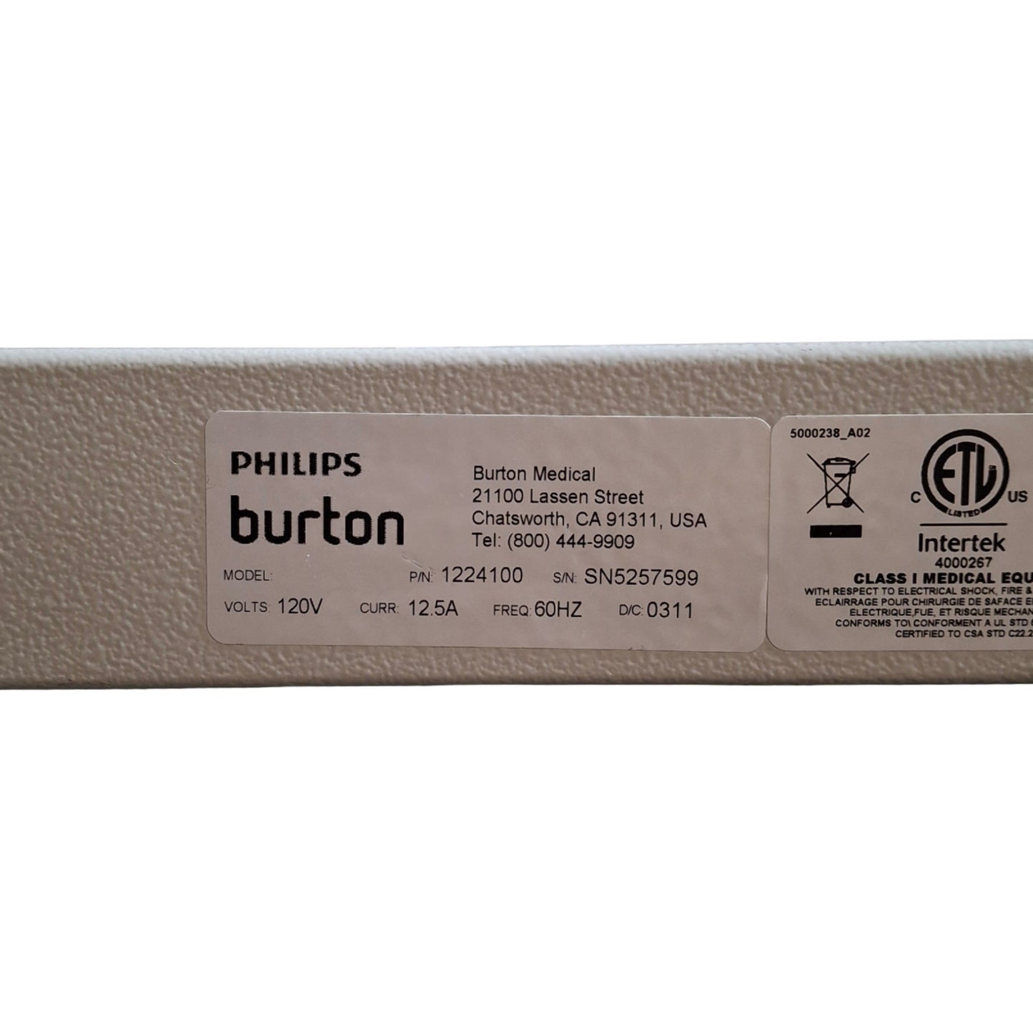 Used Phillips Burton Outpatient ii 1224100 Floorstand Examination Light, 120VAC 12.5A
