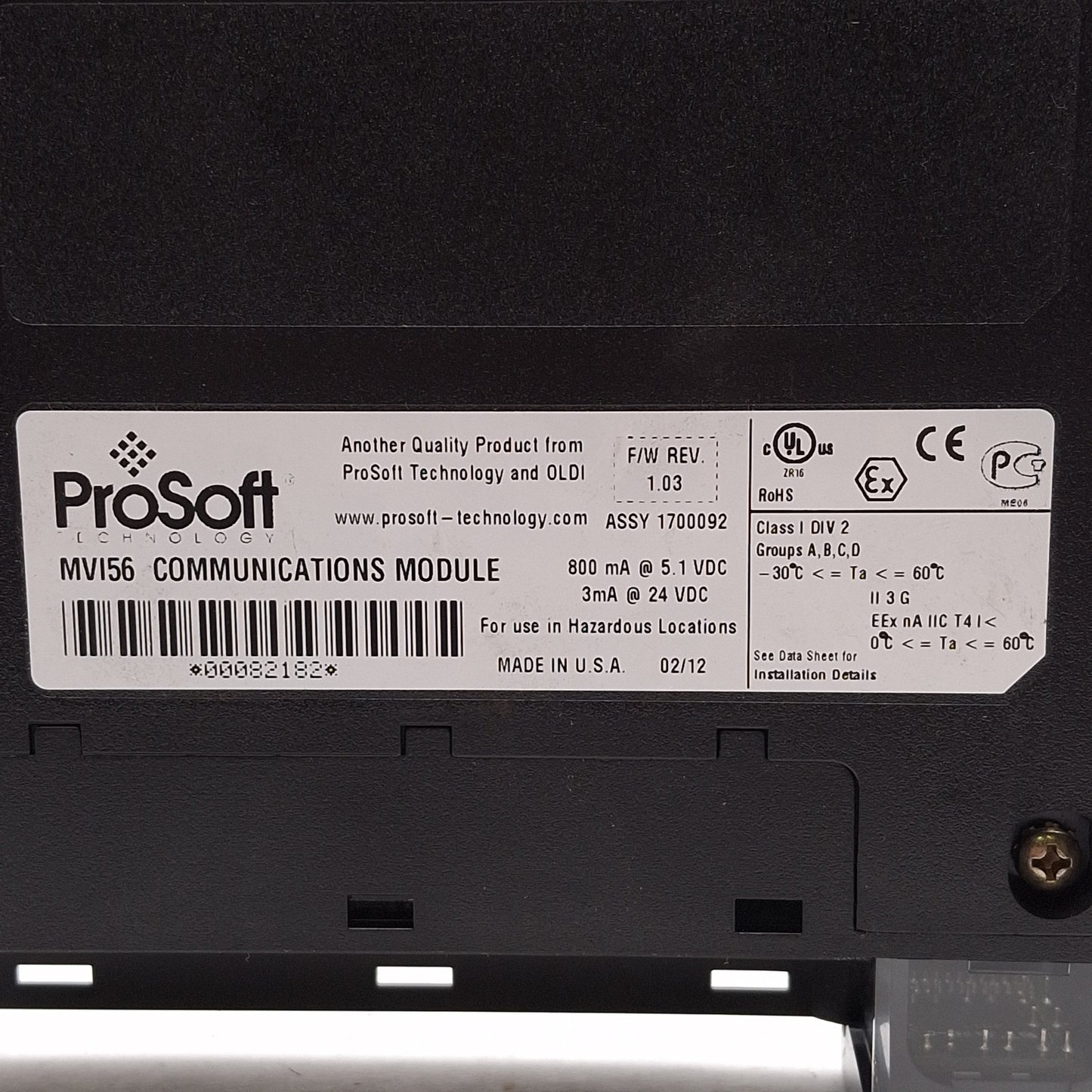 Used ProSoft MVI56-MCM Modbus Communication Module RS232/422/485 FW 1.03 *Door Hinge*