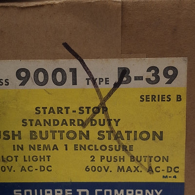 New Square D 9001B39 Steel Start-Stop Pushbutton Station, 600VAC/VDC Max, NEMA 1