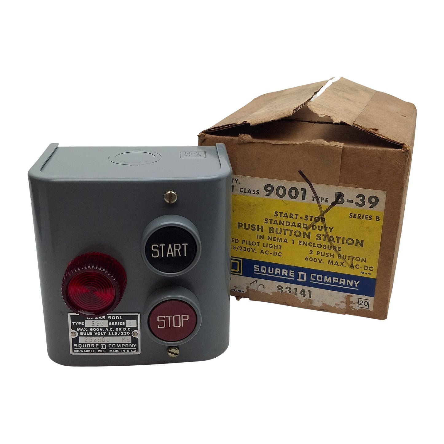 New Square D 9001B39 Steel Start-Stop Pushbutton Station, 600VAC/VDC Max, NEMA 1