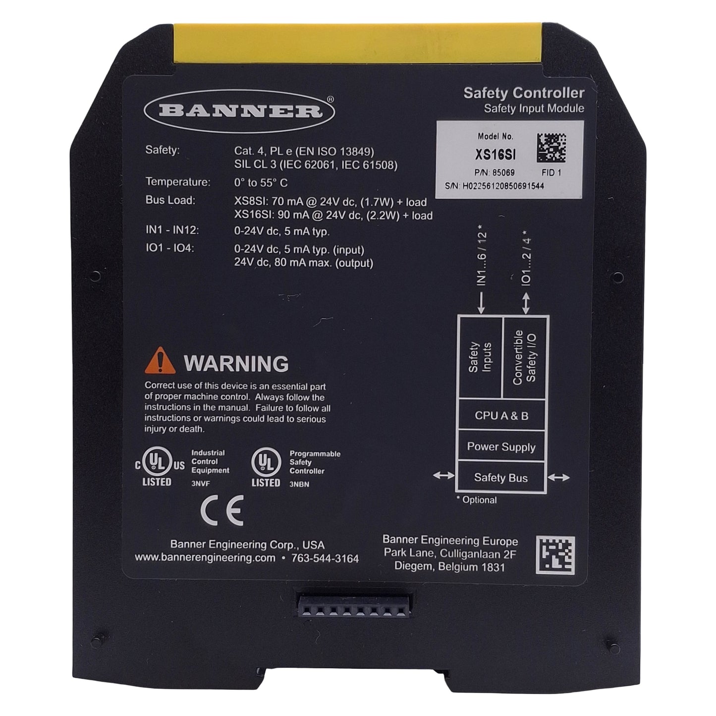 Used Banner XS16SI Safety Input Module 16 Digital Inputs, 24VDC, DIN Rail Mount