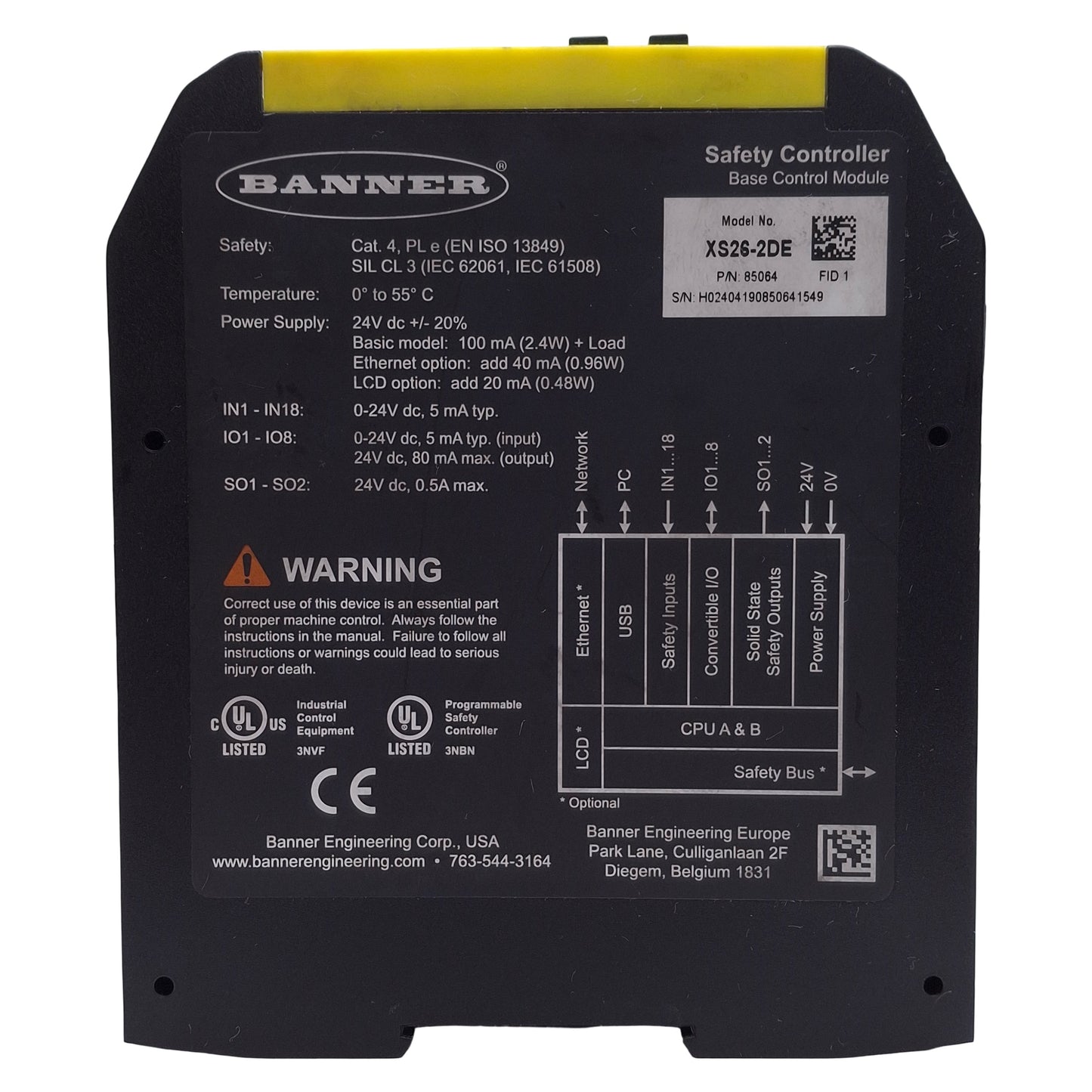 Used Banner XS26-2DE Expandable Safety Controller, Ethernet Enabled, 24VDC, 2x OSSD