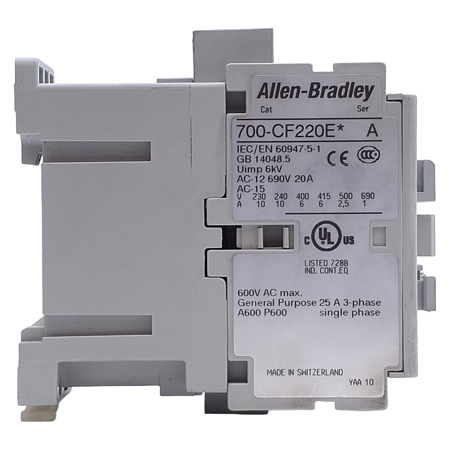 Used Allen Bradley 700-CF220E Control Relay 2NO 2NC, 600VAC 20A, 24VDC Coil