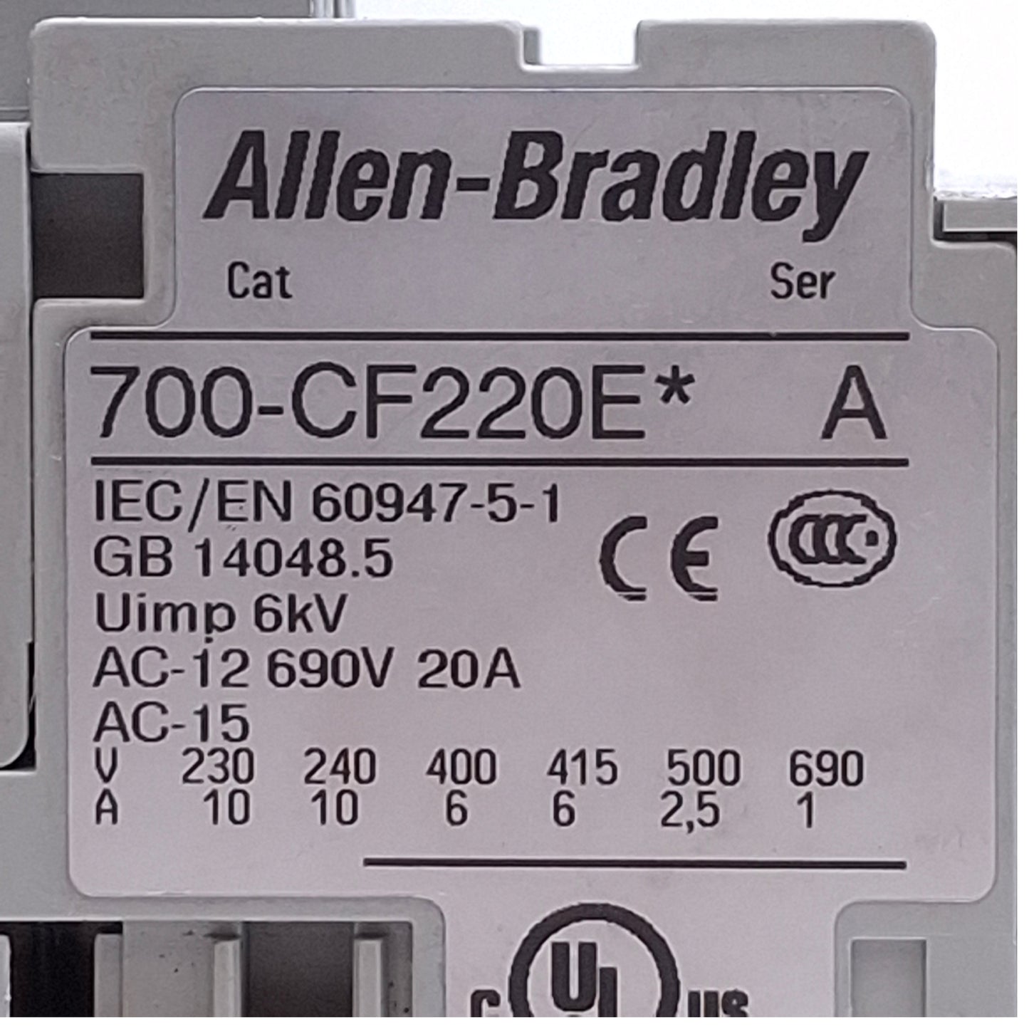 Used Allen Bradley 700-CF220E Control Relay 2NO 2NC, 600VAC 20A, 24VDC Coil