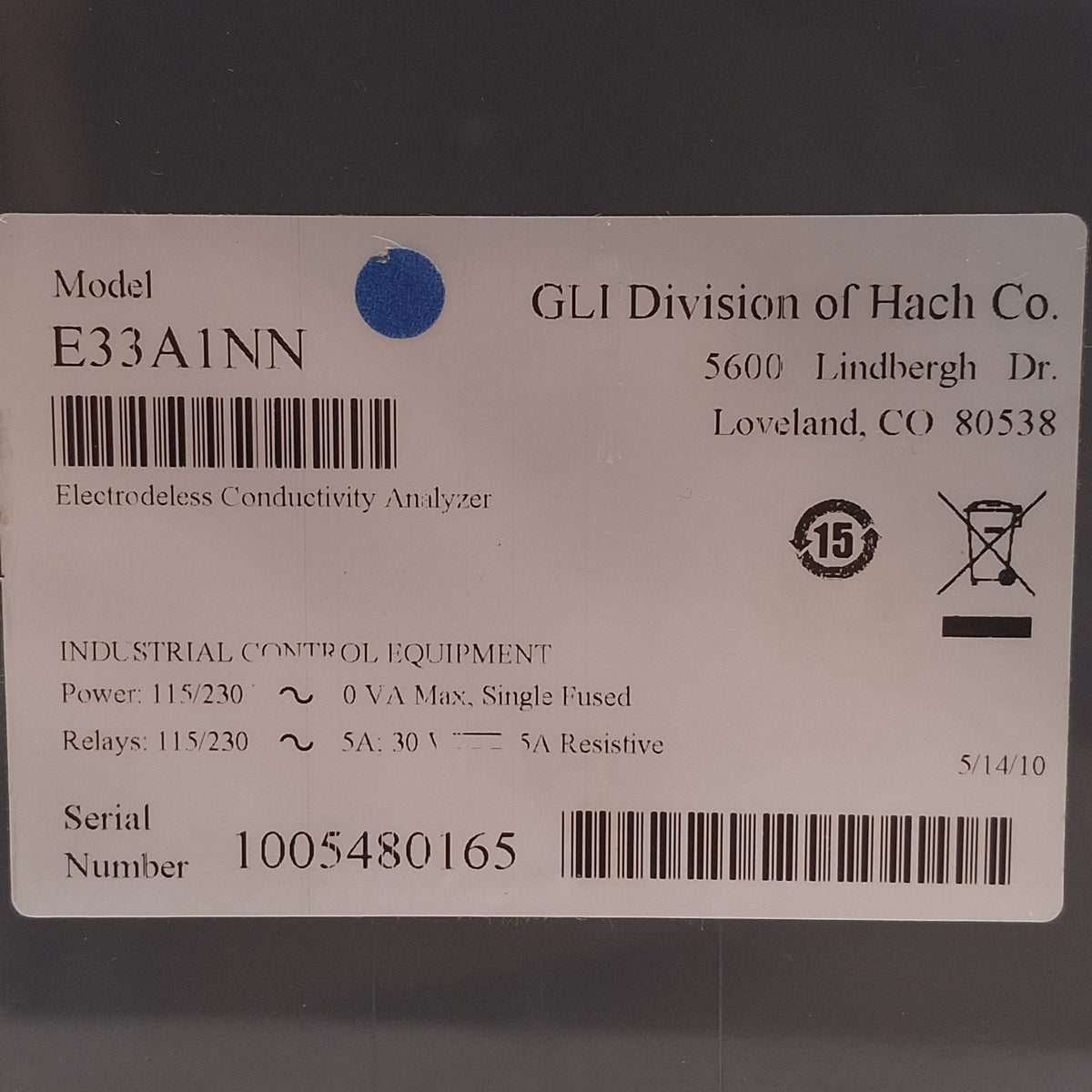 Used GLI E33A1NN Electrodeless Conductivity Analyzer, 115/230VAC, 0/4-20mA, 1/4 DIN