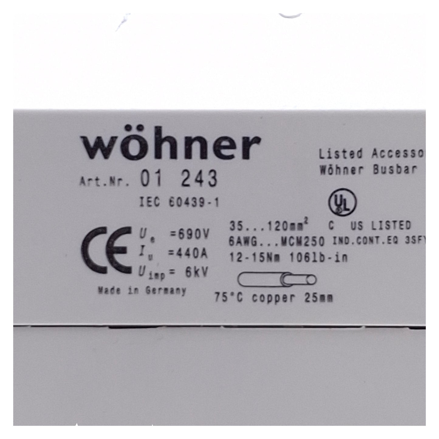Used Wohner 01243 Connection Terminal Plate For 12x5-30x10 Busbars, 3-Pole, 440A Max