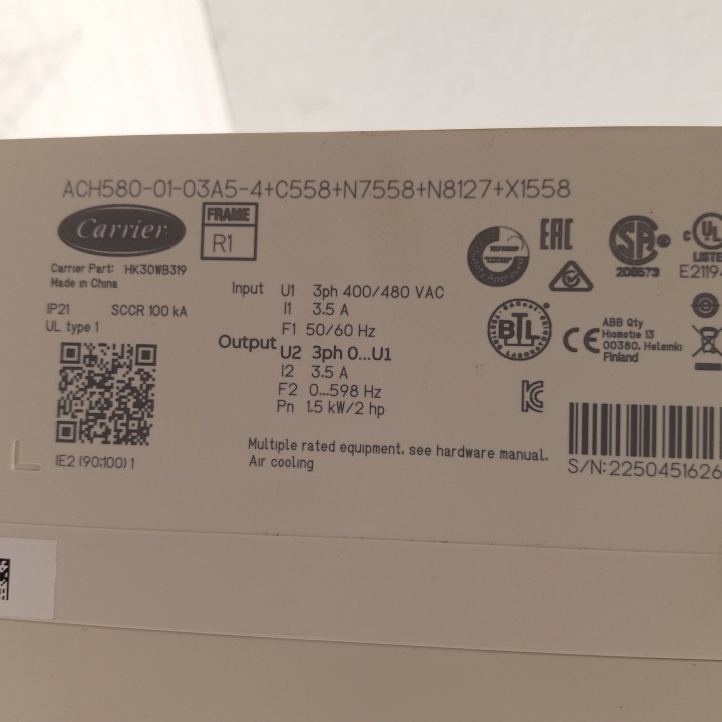 New – Open box Carrier HK30WB319 Variable Frequency Drive, 1.5kW, 2HP, 3Ø 400/480VAC, 598Hz