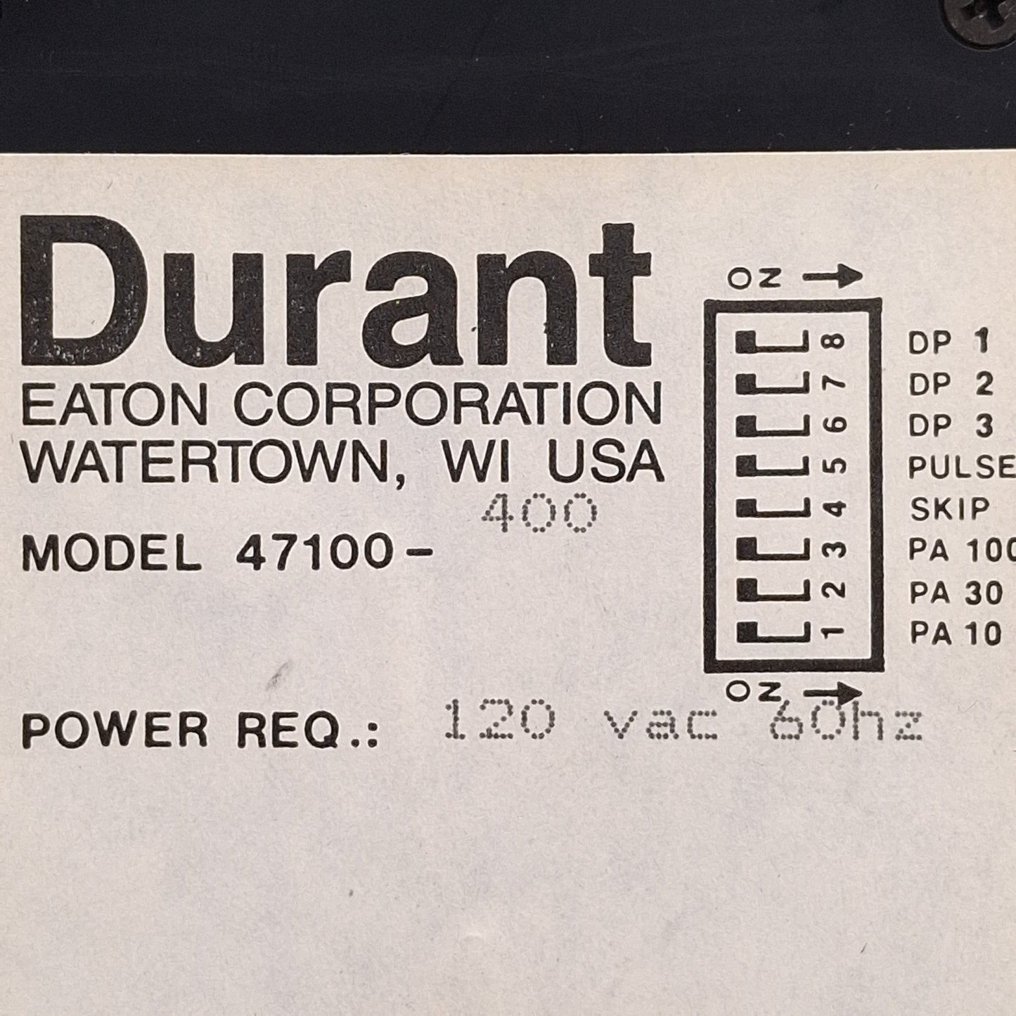 Used Eaton Durant 47100-400 Timer/Counter Rate Meter, +7-12VDC Logic, 1/8 DIN, 120VAC