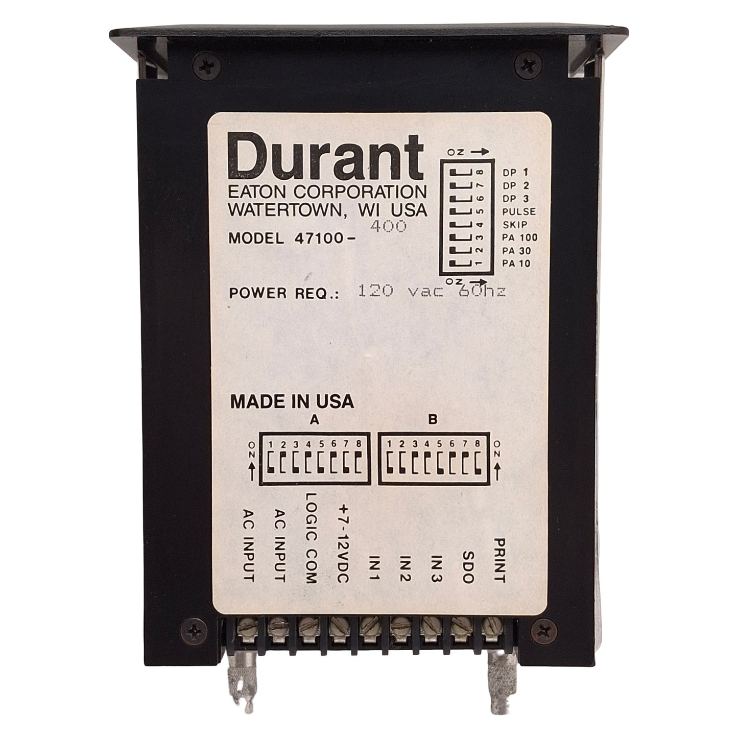 Used Eaton Durant 47100-400 Timer/Counter Rate Meter, +7-12VDC Logic, 1/8 DIN, 120VAC
