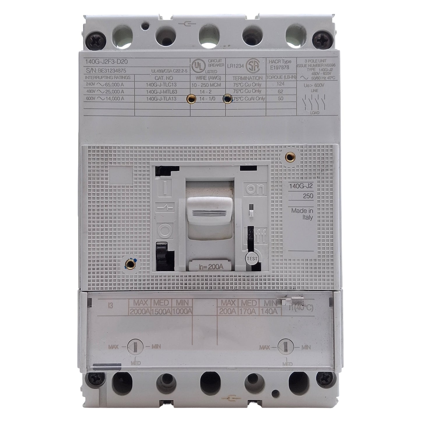 Used Allen Bradley 140G-J2F3-D20 Molded Case Circuit Breaker 3-Pole, 690VAC, 250A