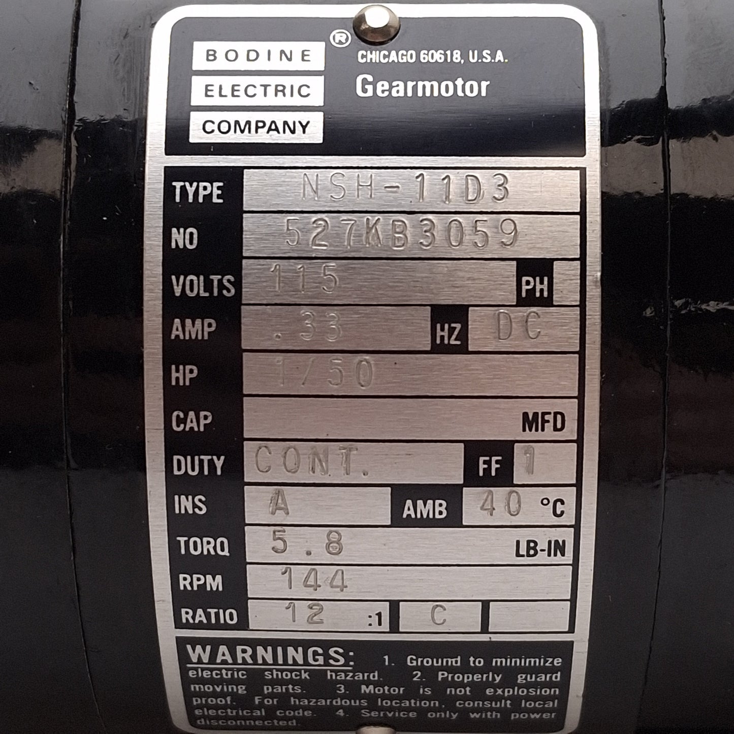 New Bodine NSH-11D3 Gearmotor, 1/50HP, 12:1, 144rpm, 5.8lb-in, 115VDC, ø1/2in Shaft