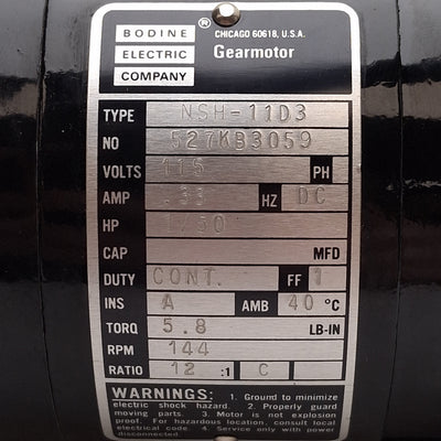 New Bodine NSH-11D3 Gearmotor, 1/50HP, 12:1, 144rpm, 5.8lb-in, 115VDC, ø1/2in Shaft