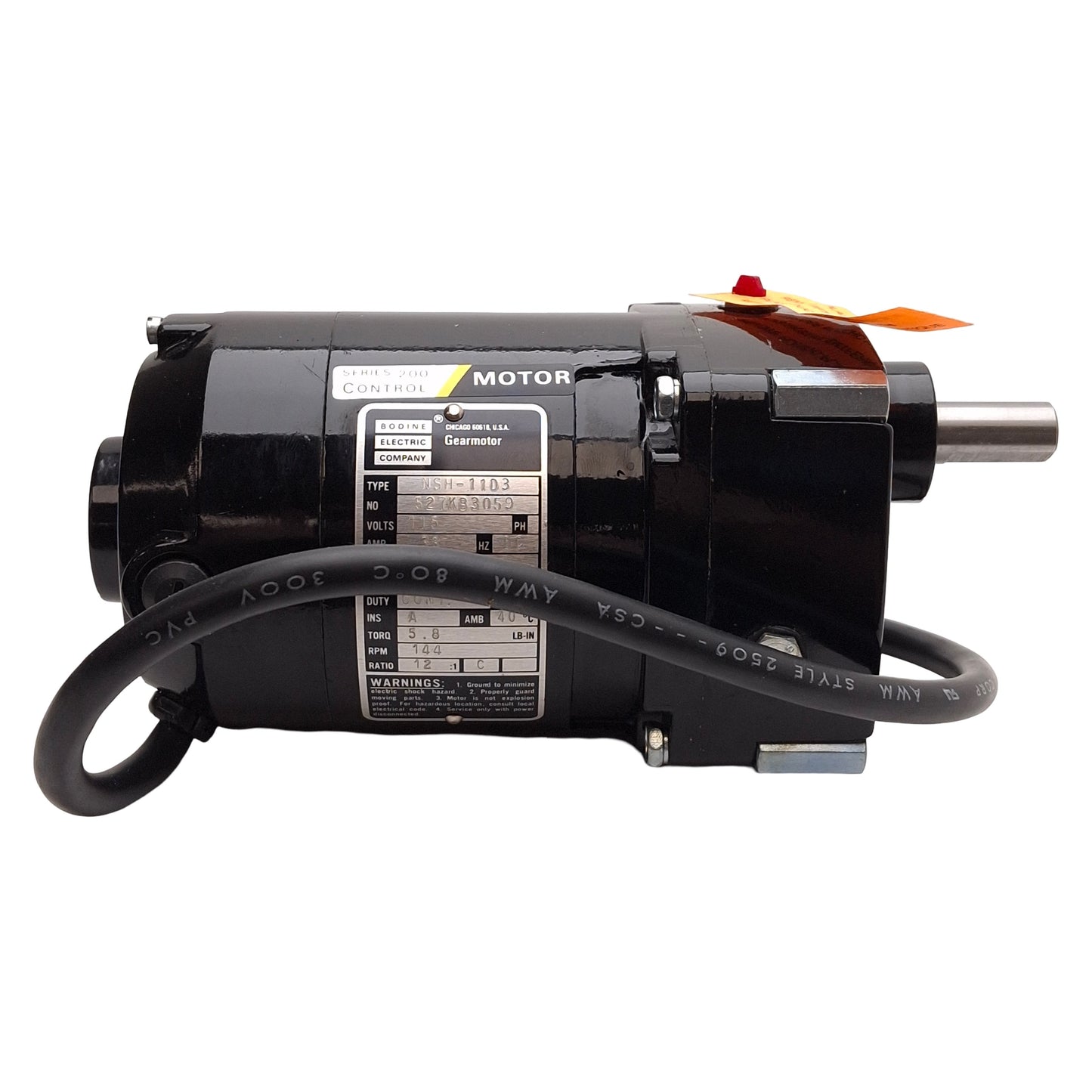 New Bodine NSH-11D3 Gearmotor, 1/50HP, 12:1, 144rpm, 5.8lb-in, 115VDC, ø1/2in Shaft
