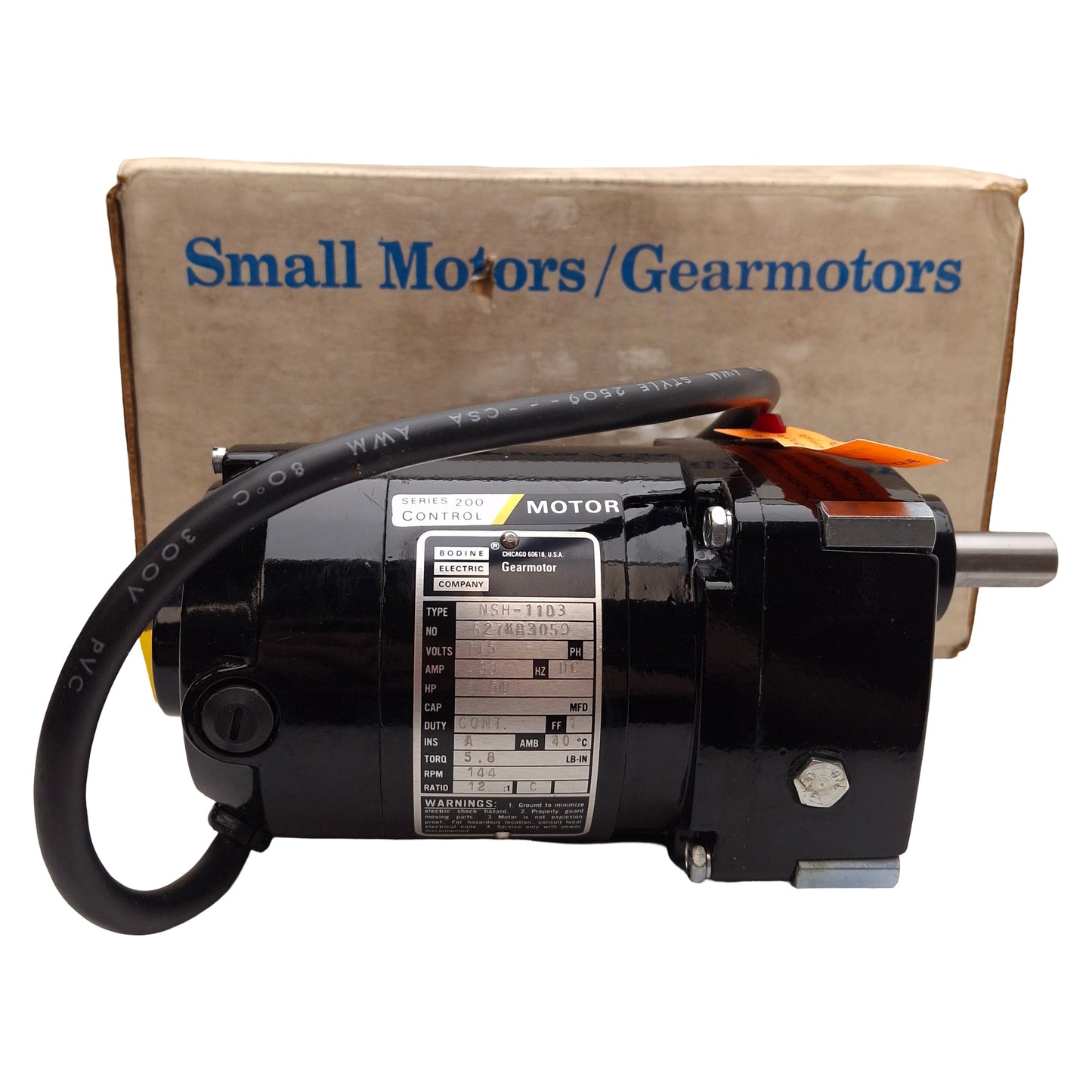 New Bodine NSH-11D3 Gearmotor, 1/50HP, 12:1, 144rpm, 5.8lb-in, 115VDC, ø1/2in Shaft