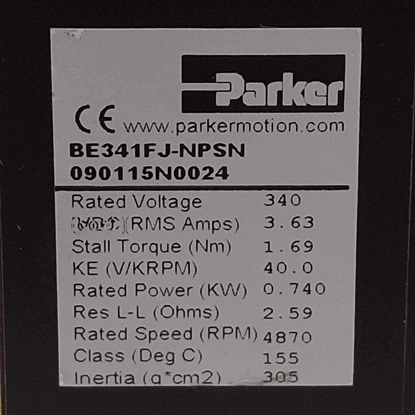 Used Parker BE341FJ-NPSN Servo Motor, 0.74kW, 3.63A 40V/krpm, 4870rpm, NEMA 34