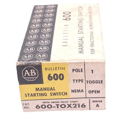 New Allen Bradley 600-TOX216 Manual Starting Switch, 1-Pole Toggle, 115/230VAC Max