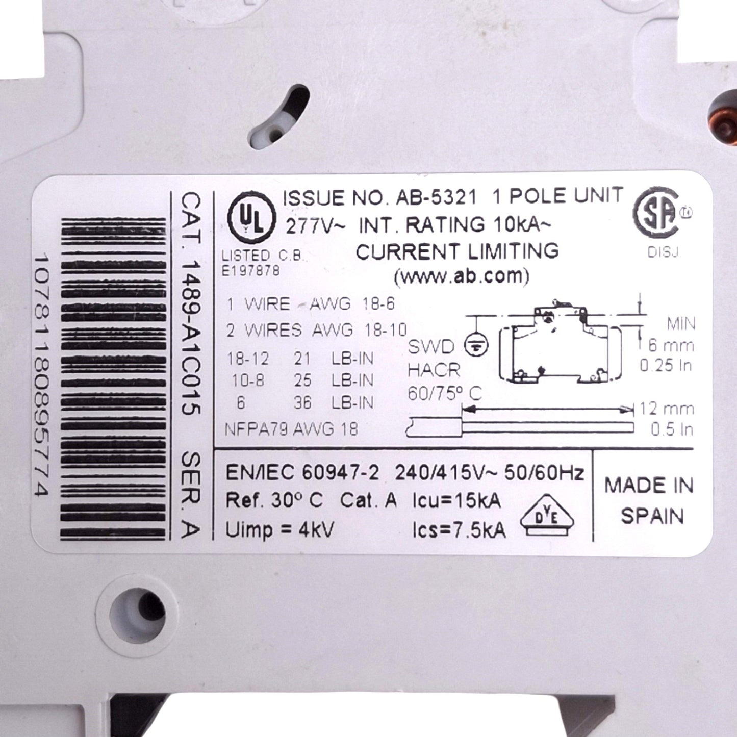 Used Allen Bradley 1489-A1C015 Circuit Breaker, 1-Pole 1.5A, 277VAC Max, DIN Rail