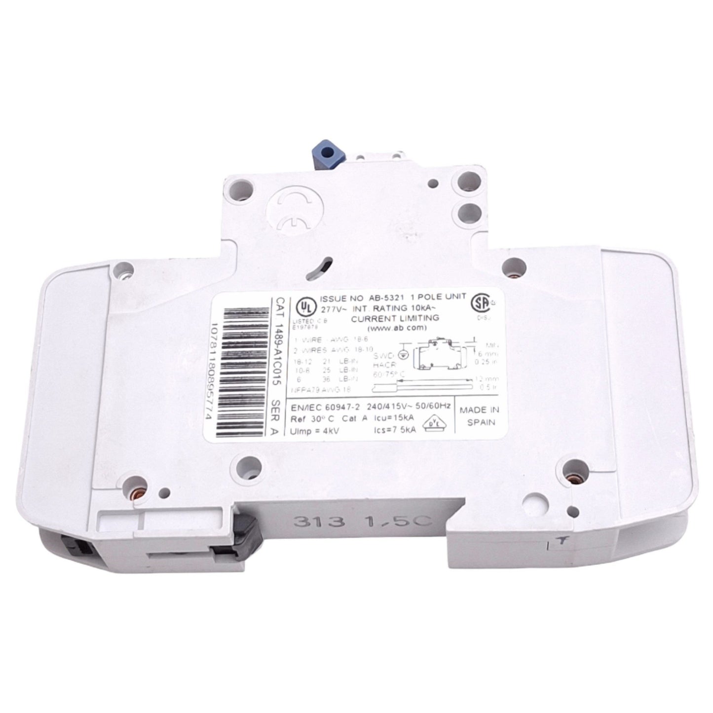 Used Allen Bradley 1489-A1C015 Circuit Breaker, 1-Pole 1.5A, 277VAC Max, DIN Rail