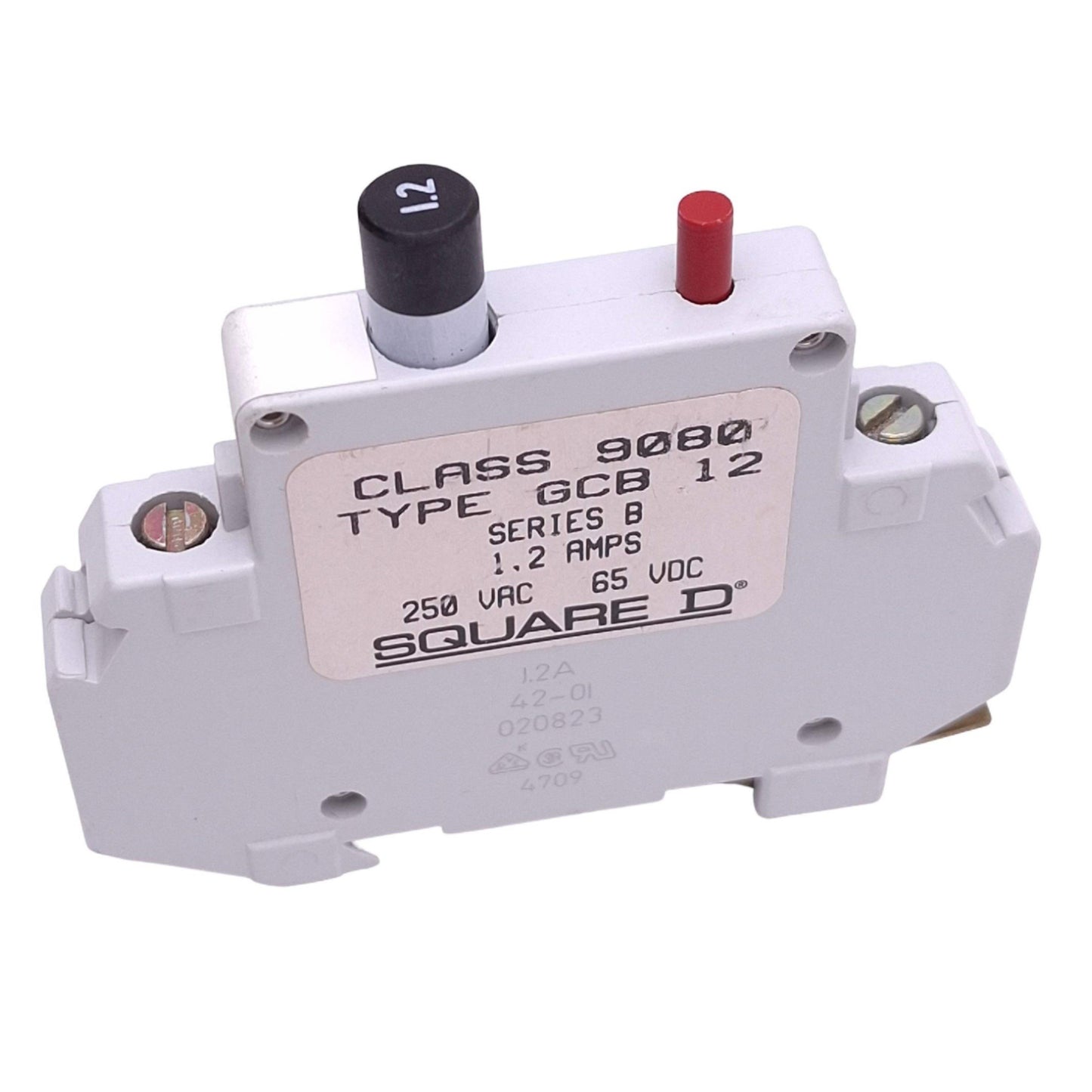 Used Square D 9080 GCB 12 Circuit Breaker, 1-Pole 1.2A, 250VAC 65VDC Max, DIN Rail