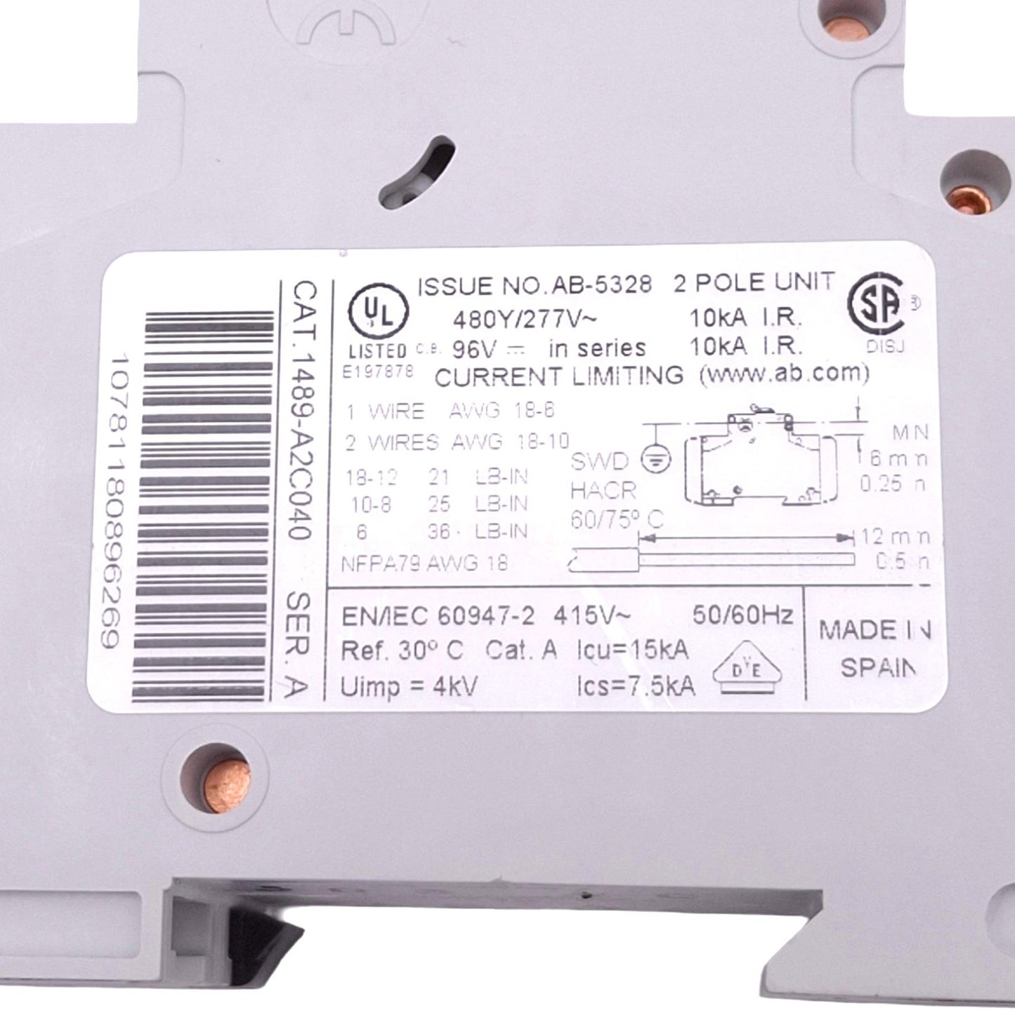 Used Allen Bradley 1489-A2C040 Circuit Breaker, 2-Pole 4A, 480Y/277VAC 48VDC Max