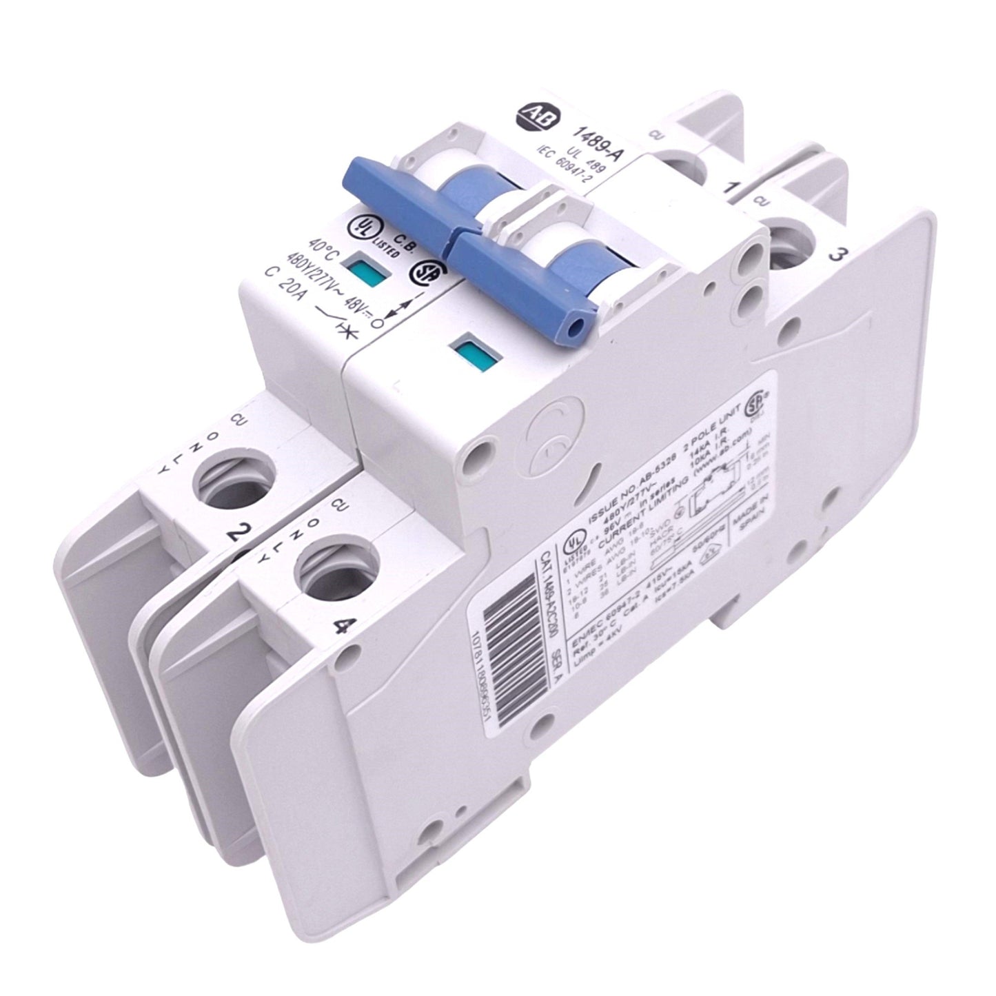 Used Allen Bradley 1489-A2C200 Circuit Breaker, 2-Pole 20A, 480Y/277VAC 48VDC Max