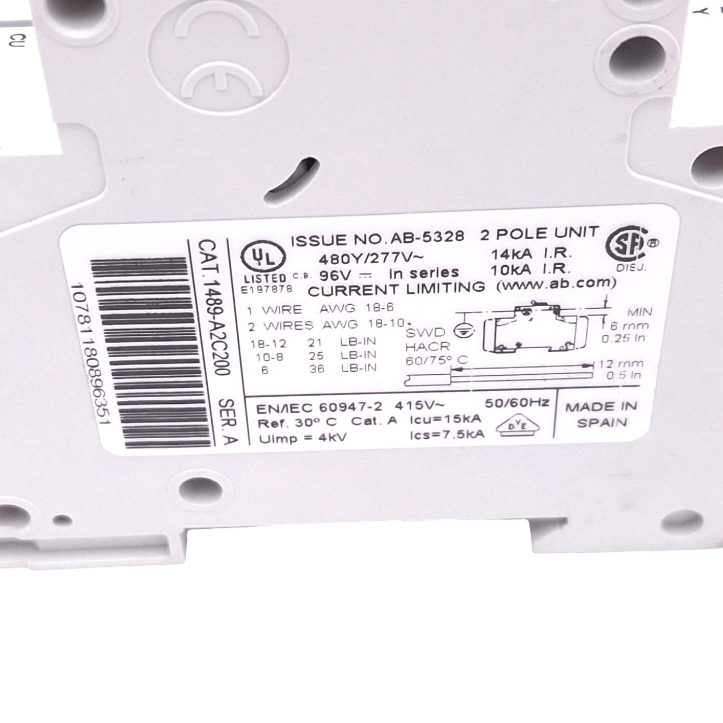 Used Allen Bradley 1489-A2C200 Circuit Breaker, 2-Pole 20A, 480Y/277VAC 48VDC Max