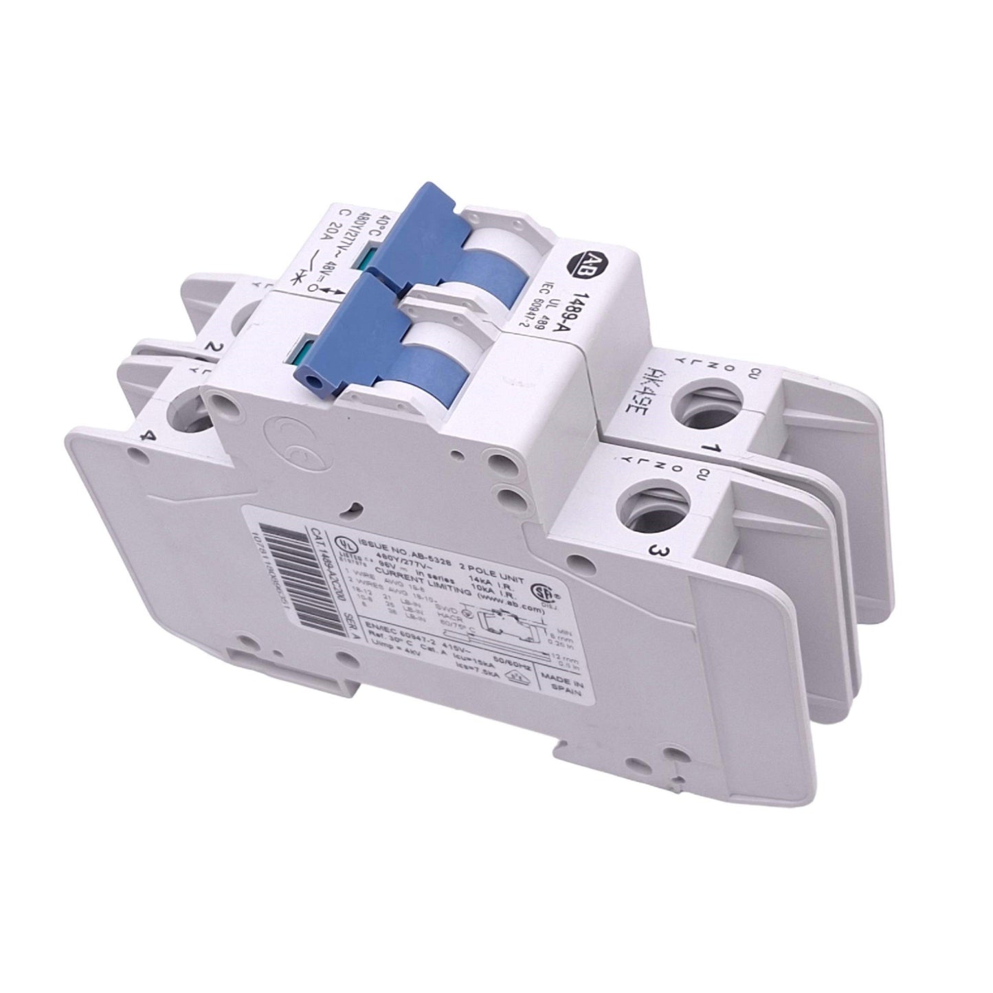 Used Allen Bradley 1489-A2C200 Circuit Breaker, 2-Pole 20A, 480Y/277VAC 48VDC Max