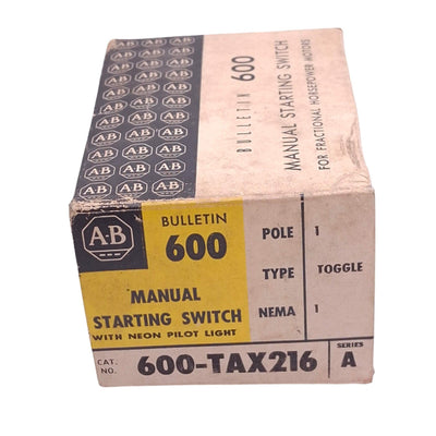 New Allen Bradley 600-TAX216 Manual Starting Switch, 1-Pole Toggle, 115/230VAC Max