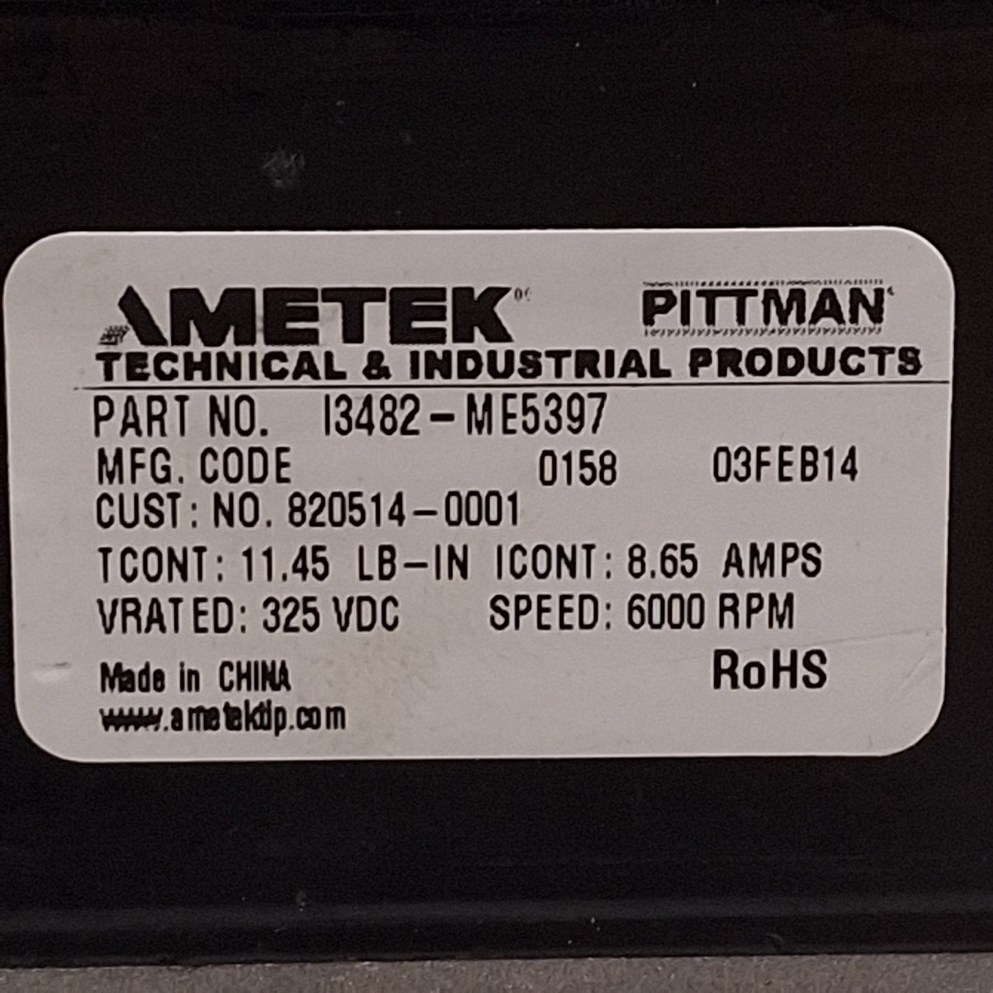 Used Ametek I3482-ME5397 Servo Motor, 325VDC 8.65A, 11.45in-lb, 6000rpm, NEMA 34