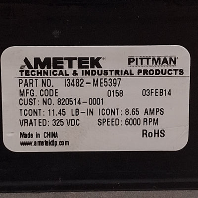 Used Ametek I3482-ME5397 Servo Motor, 325VDC 8.65A, 11.45in-lb, 6000rpm, NEMA 34