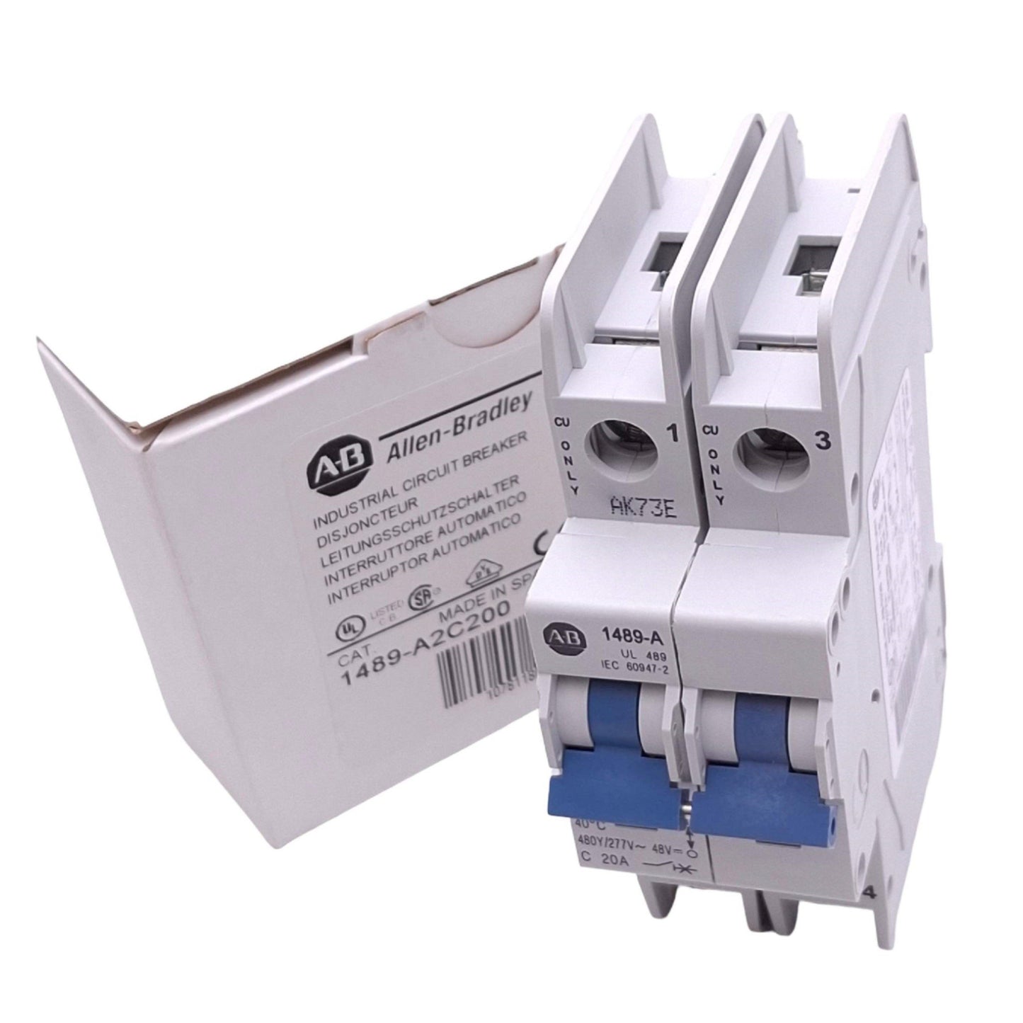 New Allen Bradley 1489-A2C200 Circuit Breaker, 2-Pole, 20A, 480Y/277VAC 48VDC Max