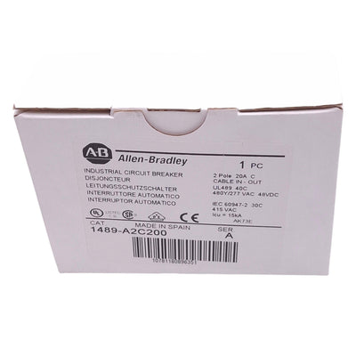 New Allen Bradley 1489-A2C200 Circuit Breaker, 2-Pole, 20A, 480Y/277VAC 48VDC Max